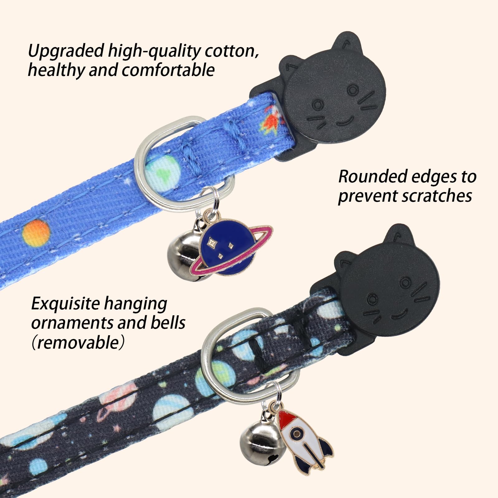 Giecooh Cotton Cat Collar, 2 Pack Breakaway Cats Collars With Bells, For Girl Boy Kittens, Planet