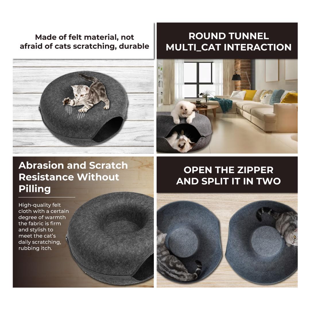 Peekaboo Cat Cave - Detachable Round Felt Cat Cave Bed Fun Playhouse And Resting Cat Donut Tunnel For Kittens, Cats, And Small P
