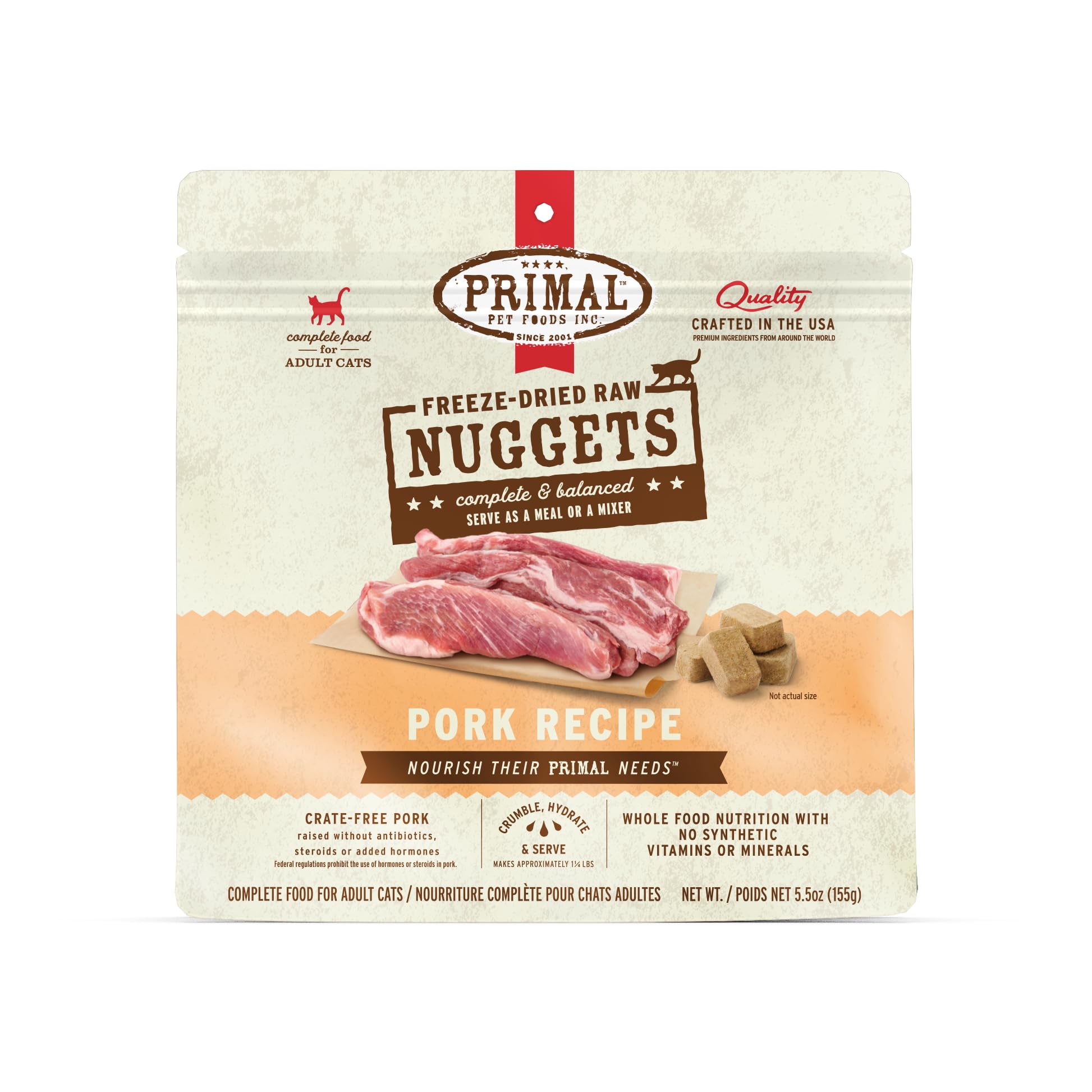 Primal Freeze Dried Raw Cat Food Nuggets Pork, Complete & Balanced Meal or Topper, Premium, Healthy, Grain Free, High Protein Ra