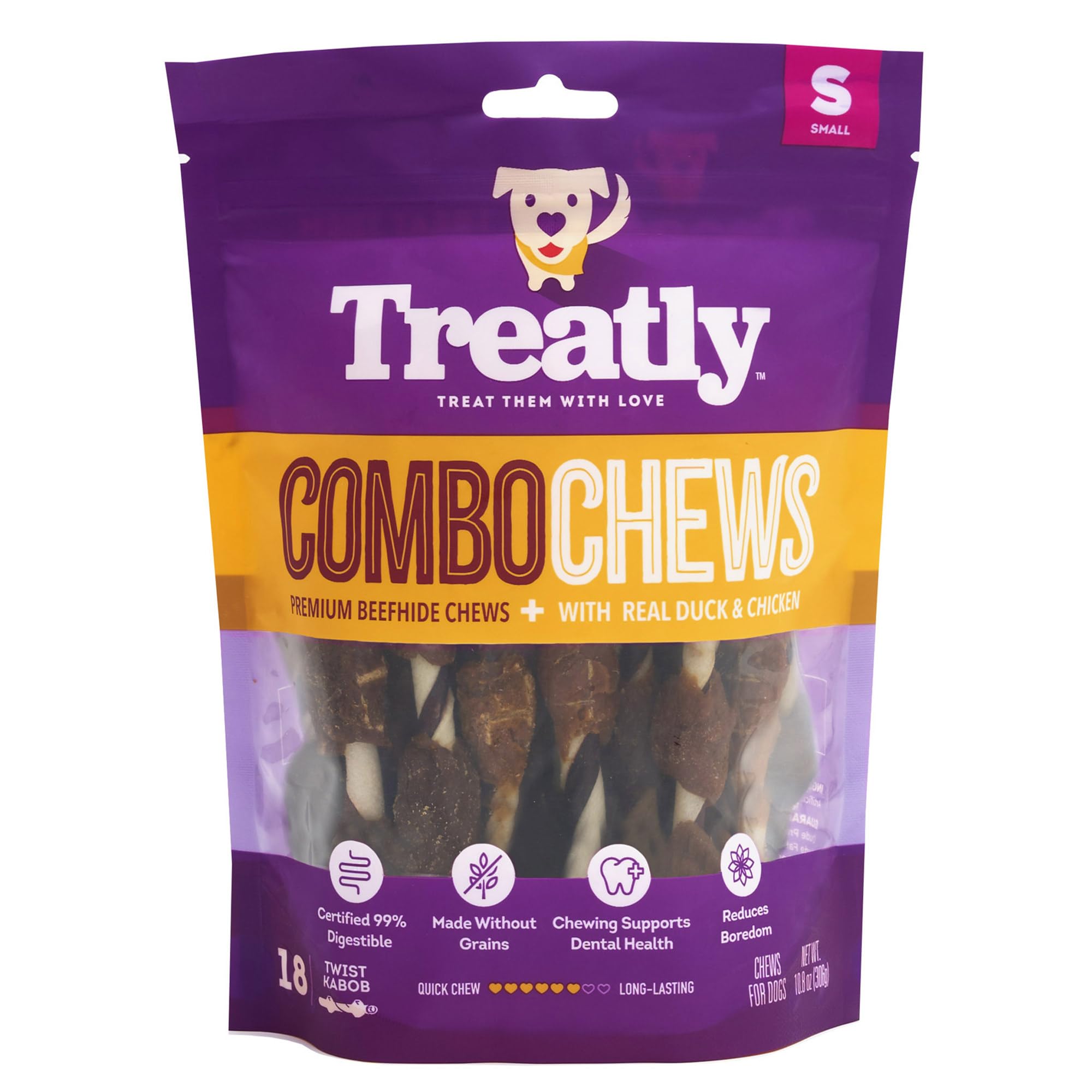 Treatly Combo Chews Rawhide/Pork Flavor Rawhide Kabob 5 w/Duck/Chicken Meat Wrap Dog Chew Treats - 18 Count/1 Pack