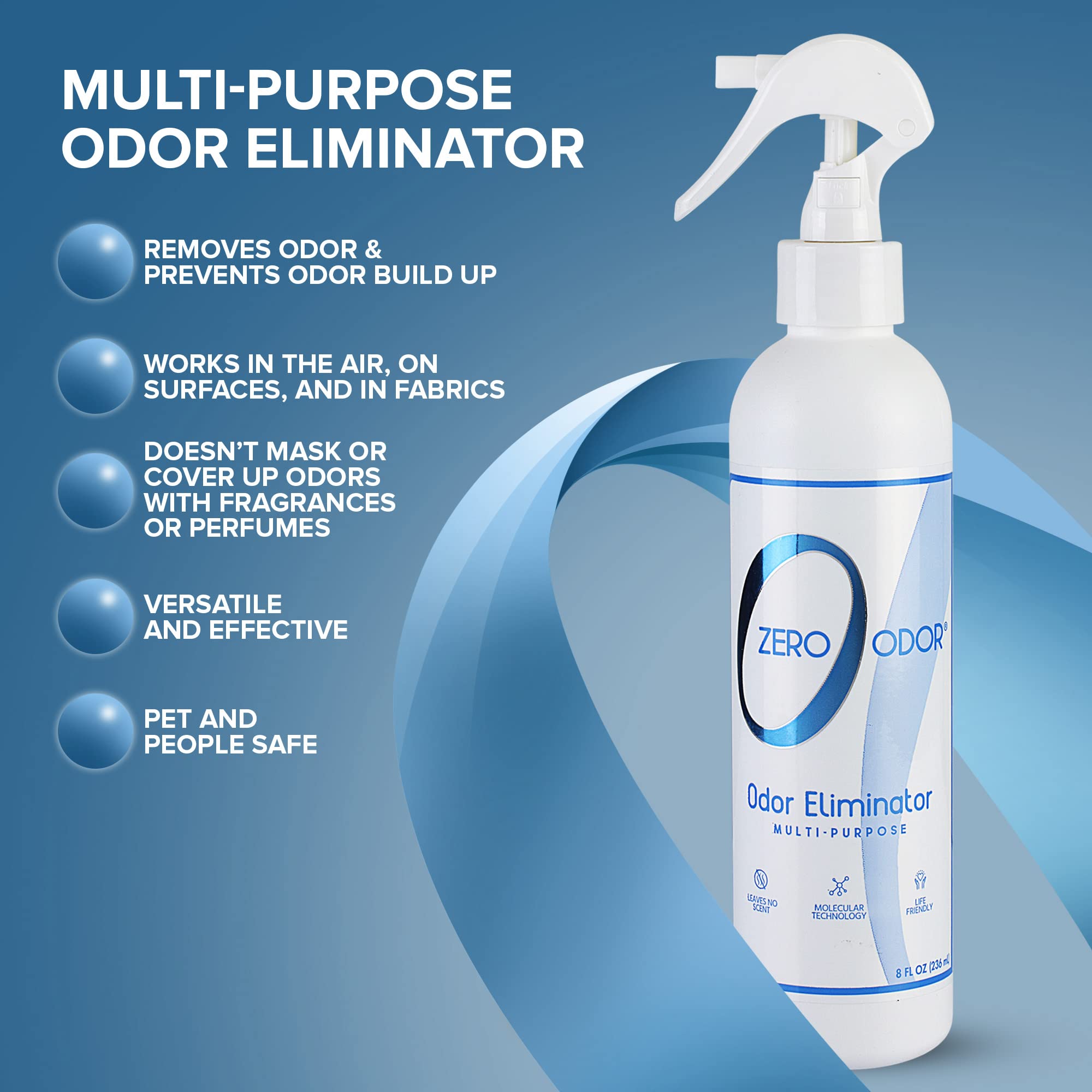 Zero Odor Multi-Purpose Odor Eliminator, 8oz - Eliminate Air & Surface Odors in Bathroom, Kitchen, Fabric, Closet - Smell Great Again