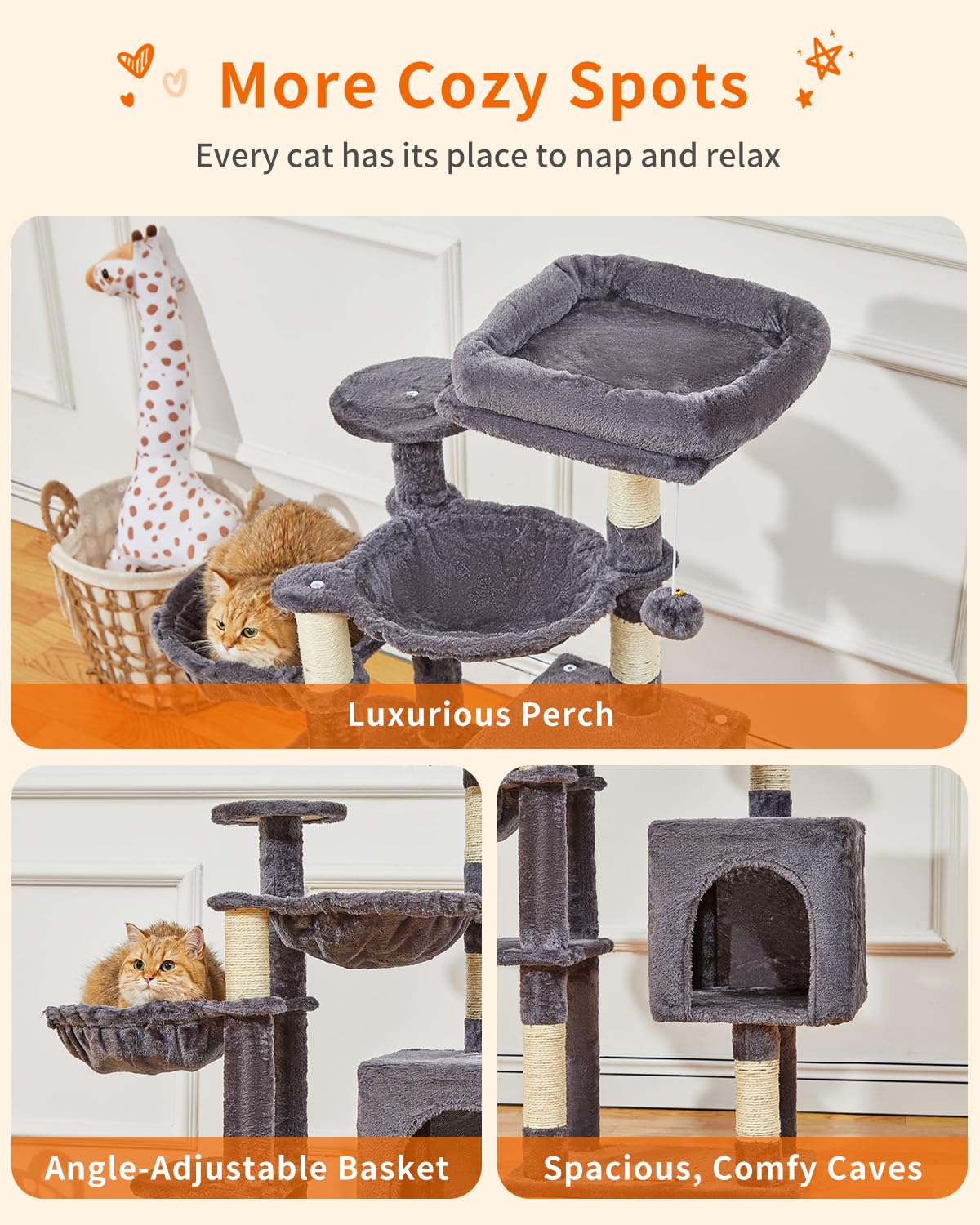 Taoqimiao Cat Tree, 39.4-Inch Cat Tower For Kittens, Cat Tree Tower With 5 Scratching Posts, Plush Cat Condo With Plush Perch, 2