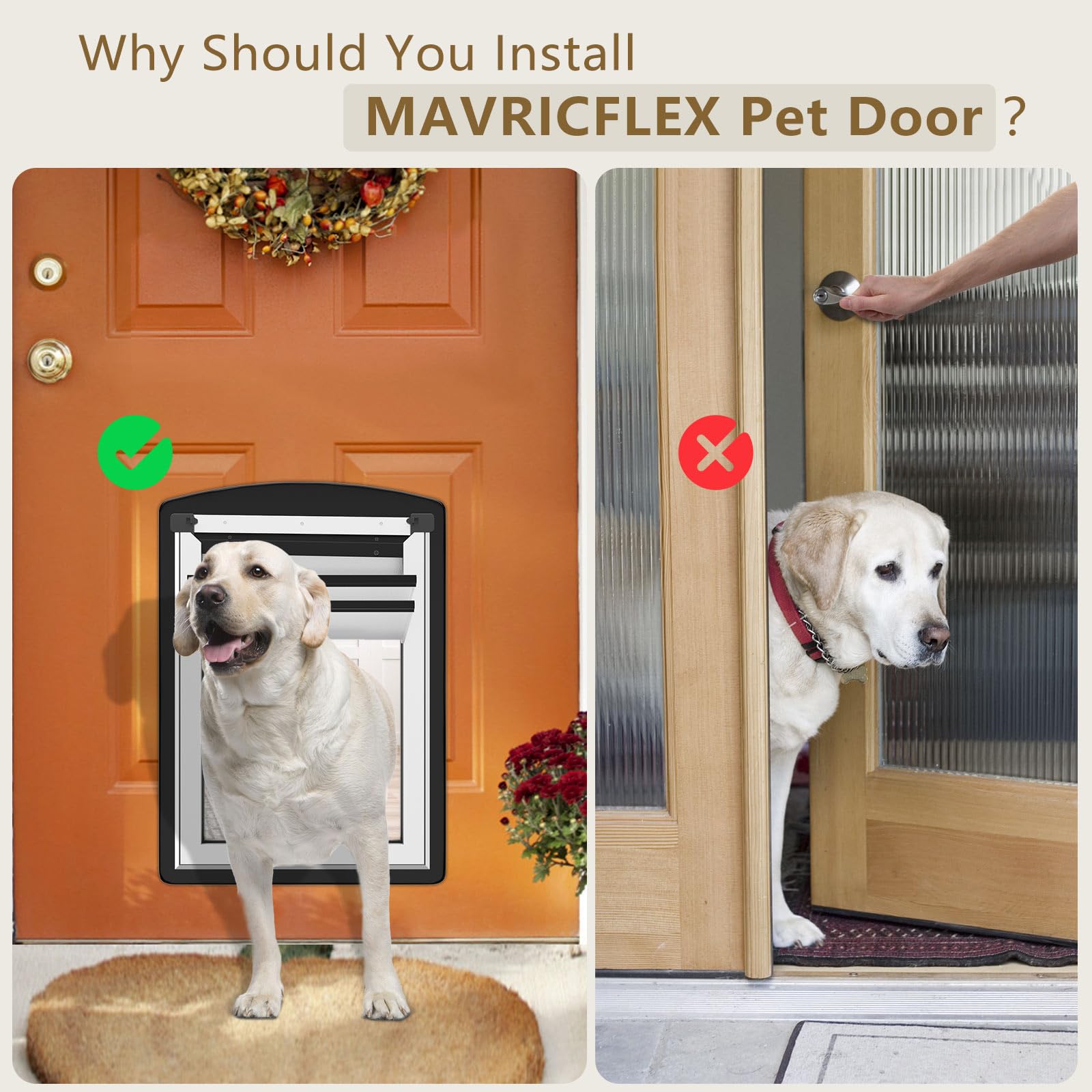 Mavricflex Extra Large Dog Door For Door - All-Stainless Steel Frame, Weather-Resistant Double Soft Flaps, 2 Sliding Abs Panels