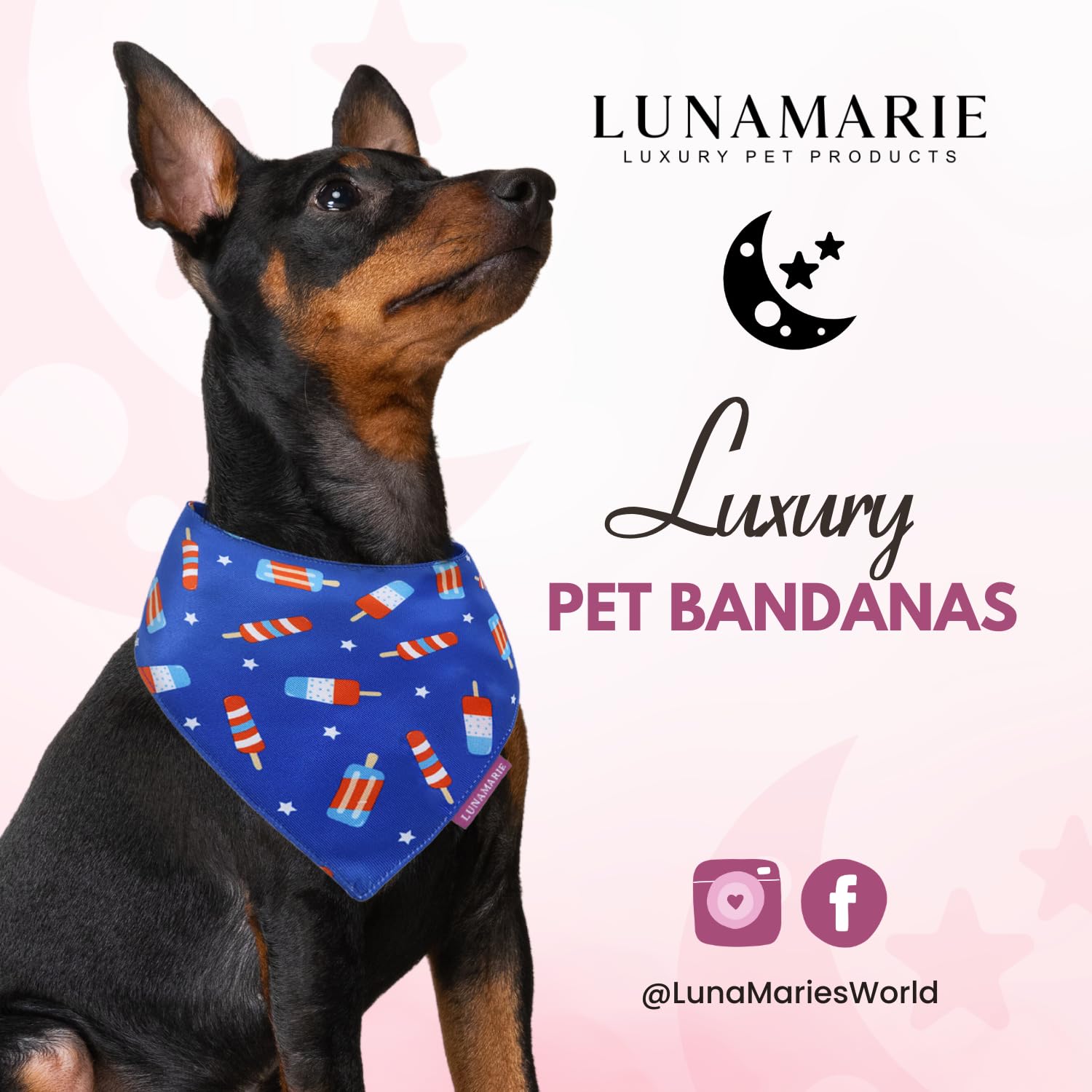LunaMarie - Luxury Pet Birthday Bandanas -Premium & Silky Poly Fabric | 100% Handmade | Custom Shape Dual Layered (4th of July,