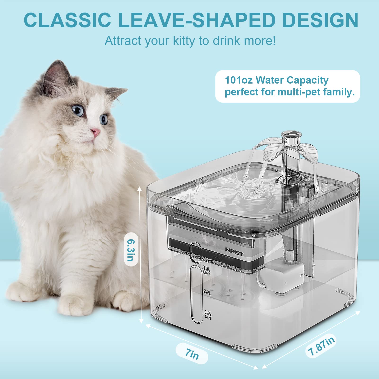 Npet Cat Water Fountain, 3L Automatic Pet Drinking Fountain Dog Water Dispenser With Quadruple-Action Filter (Wf020 Transparent)