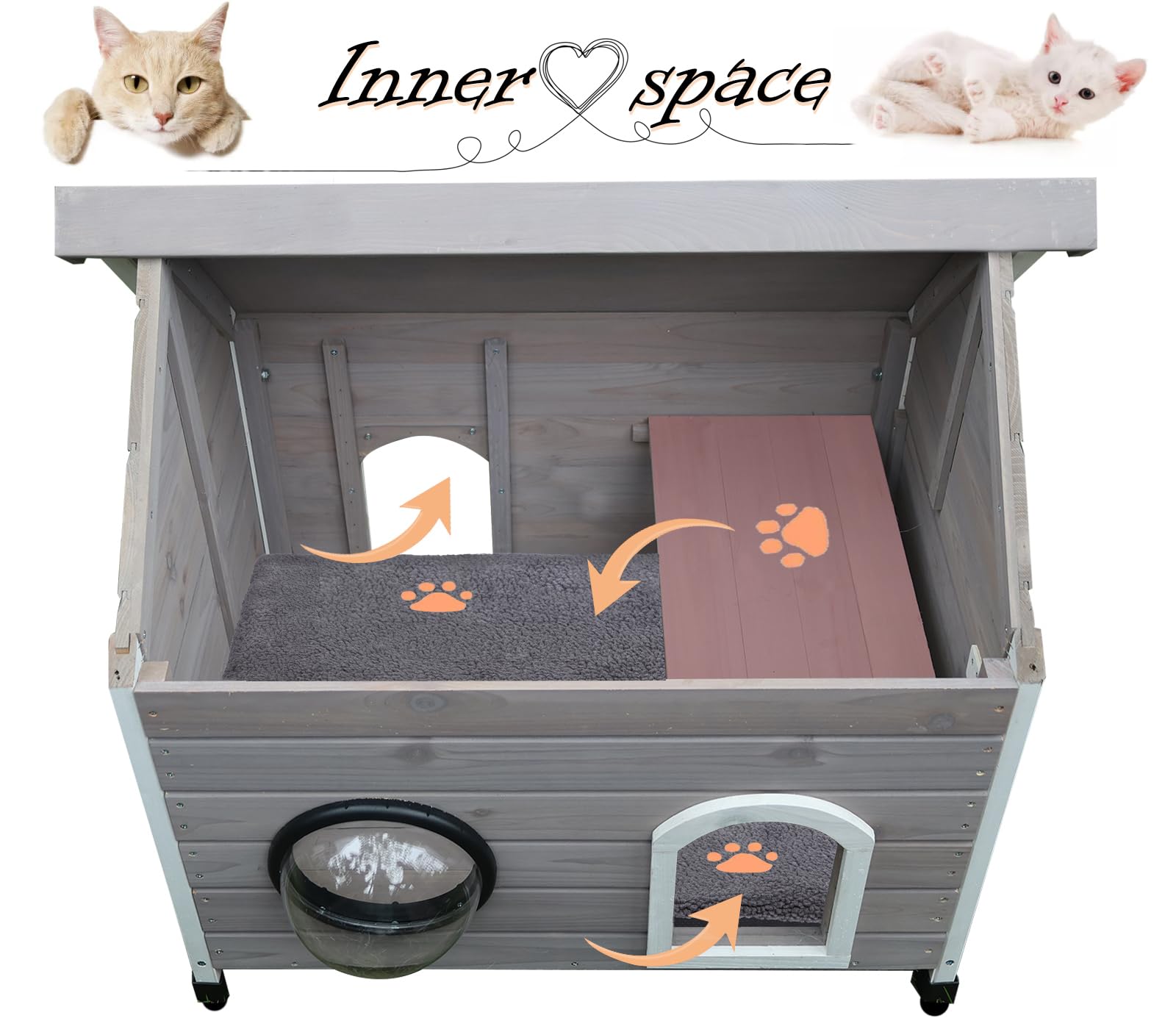 Rockever Outdoor Cat House, Feral Cat House Outdoor Weatherproof With Escape Door And Clear Windows For 2 Cats(With Self Warming