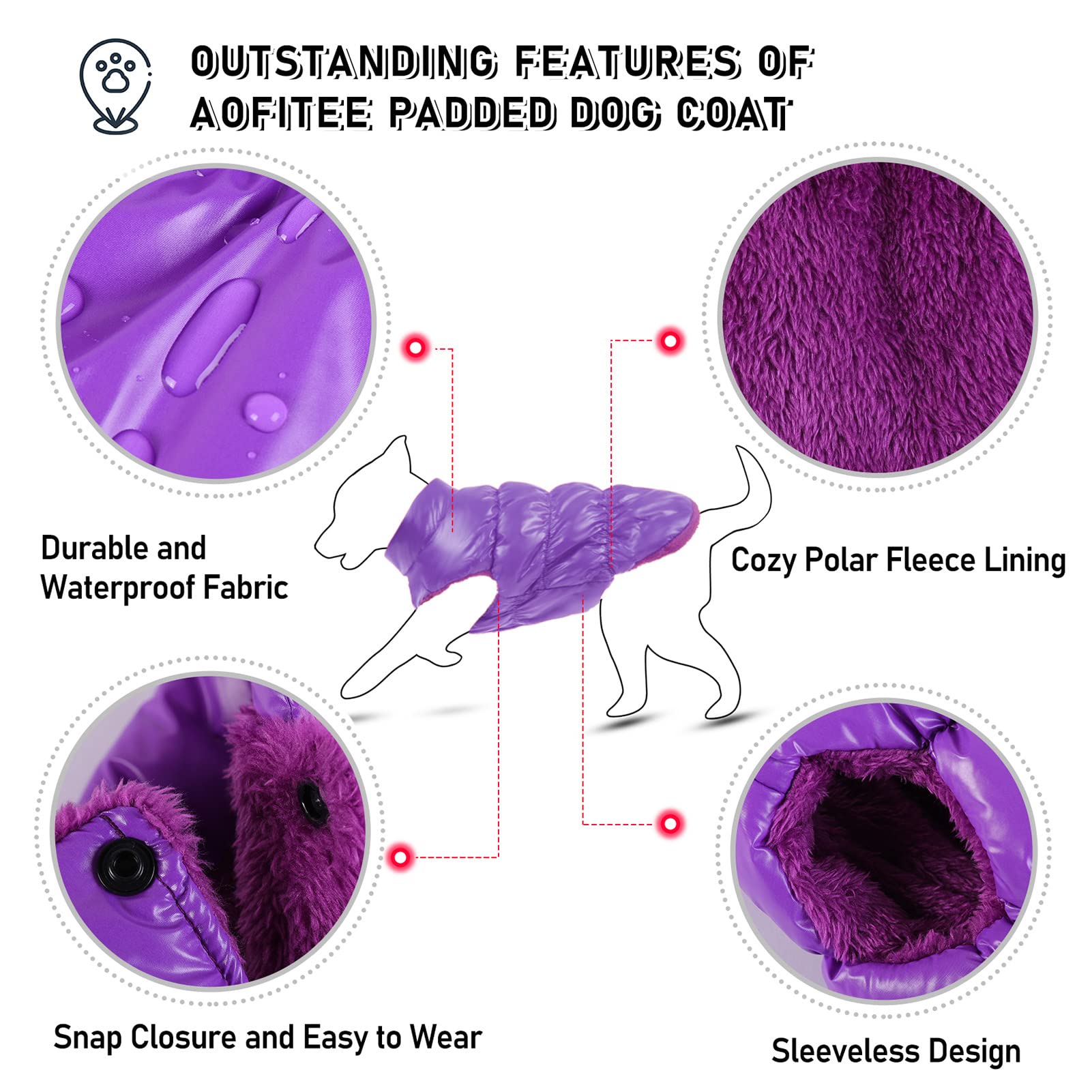 Aofitee Dog Coat, Waterproof Dog Jacket, Winter Dog Coats For Small Dogs, Fleece Dog Snowsuit Warm Dog Puffer Jacket, Cozy Pet Winter Vest, Dog Cold Weather Coats For Small Medium Dogs, Purple, Xl