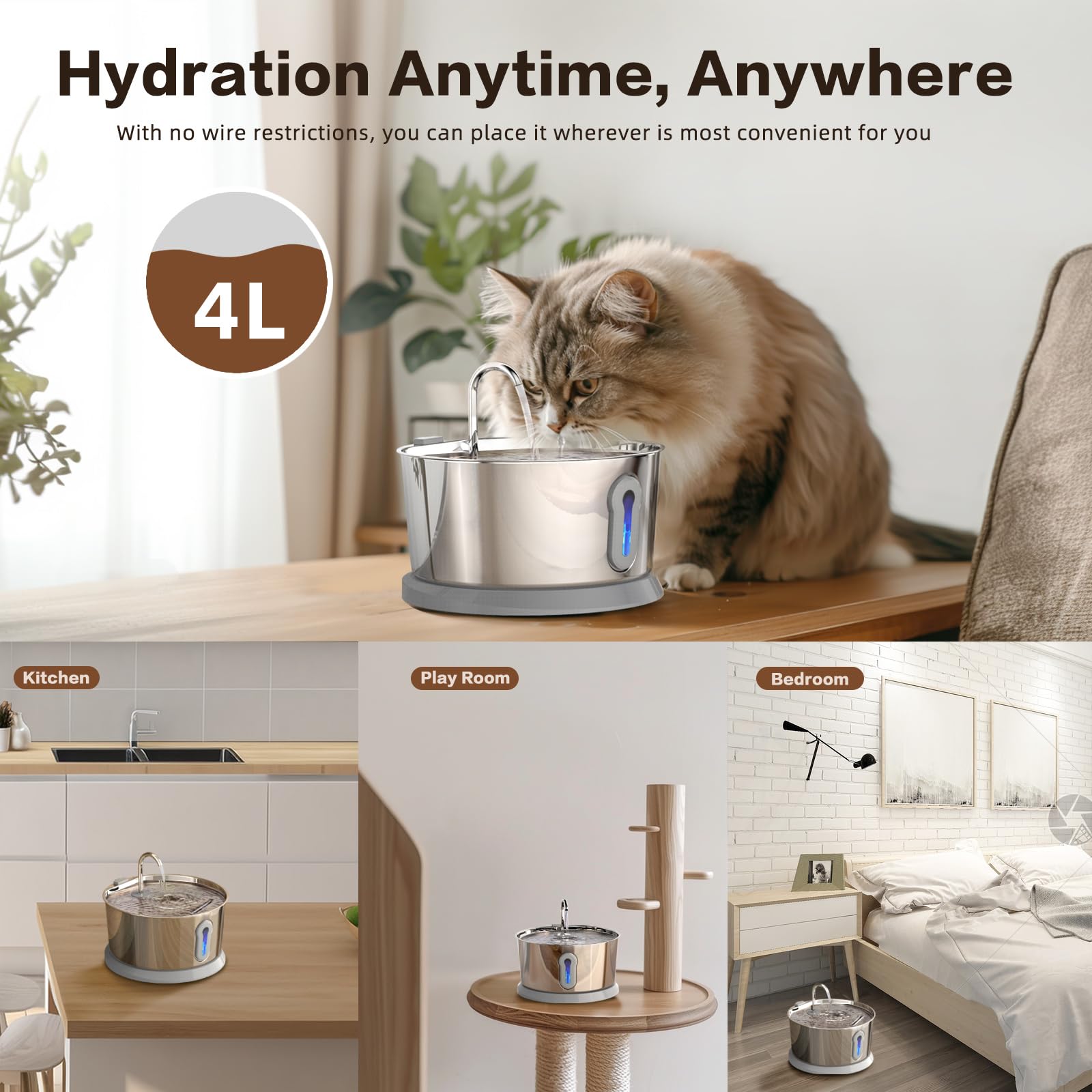 Battery Operated Cat Water Fountain Wireless, 4L/135Oz Stainless Steel Pet Fountain For Drinking Dog Water Dispenser Cordless Wi