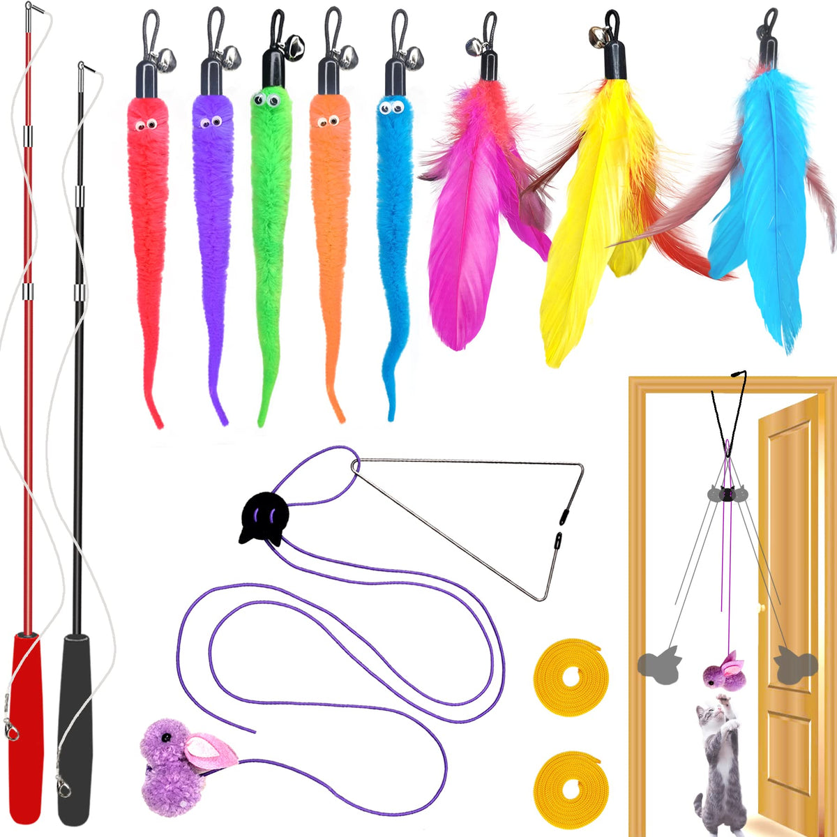 Zph Cat Toys Interactive For Indoor Cats,2Pcs Retractable Cat Wand Toys,9Pcs Teaser Toys&1Pcs Hanging Door Lure Cat Toy,Interactive Feather Toy For Teaser Play And Chase Exercise With Kitten