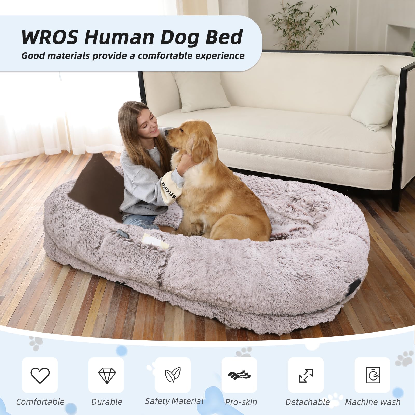 Human Dog Bed, 71x45x12 Size Fits You and Pets, Washable Faux Fur Pet Bed for People Doze Off, Napping Orthopedic Dog Bed,