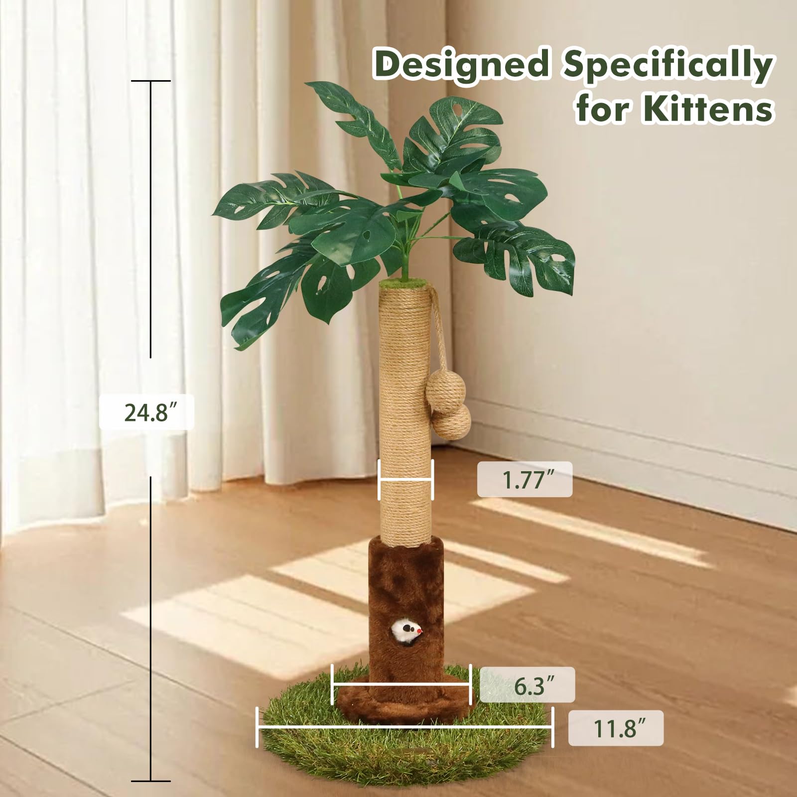 Woochpet Cat Scratching Posts Cat Trees 26.4'' Tall With Sisal Rope Cat Toy And Hanging Ball For Indoor,Wooden Palm Tree Cat Scr