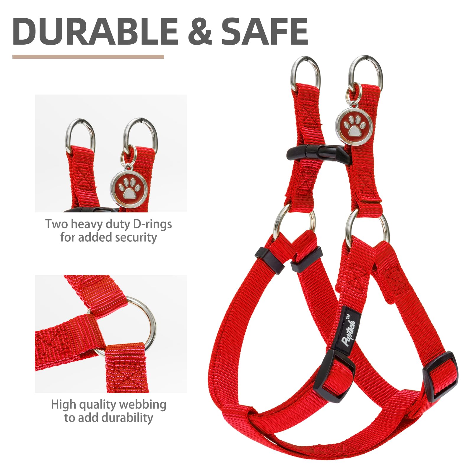 Pupteck No Pull Dog Harness Soft Adjustable Basic Nylon Step In Puppy Vest Outdoor Walking With Id Tag And A-Ir Tag Case, Red, M