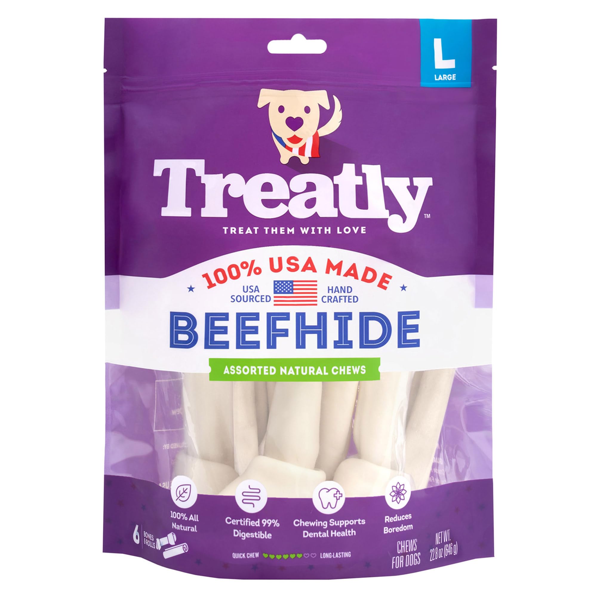 Treatly USA Beefhide Large Assorted Dog Chew Treats - Natural Flavor, 6 Count/1 Pack