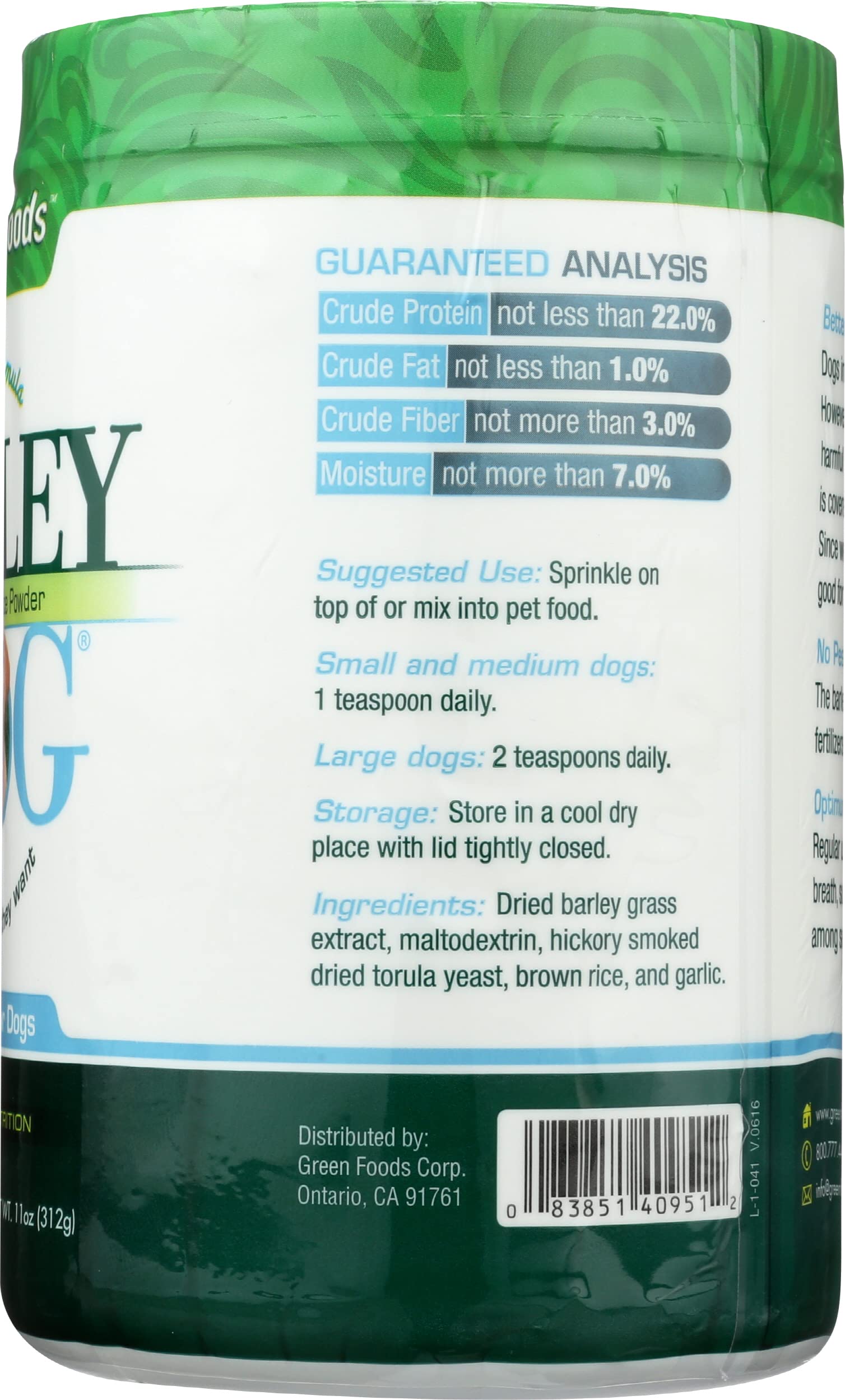 Green Foods Barley Dog Canine Formula, 11oz - Nutrient-Rich Dog Food for Healthy Pets