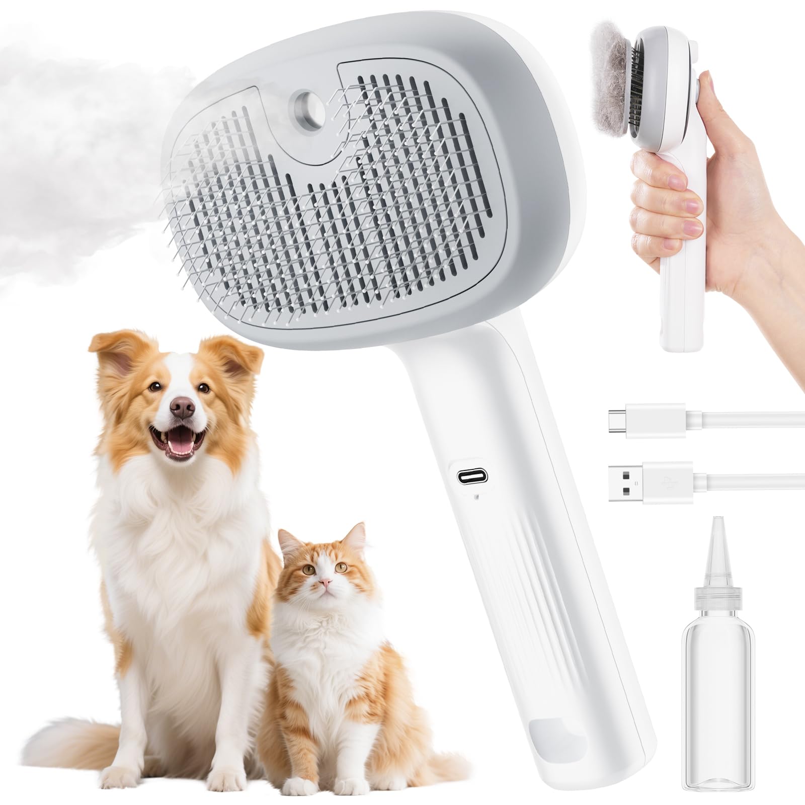 Pecute Steam Cat Brush, Self-Cleaning Cat Steam Brush with 2 Water Spray Modes, Large Capacity Tank, Dog Brush for Shedding Mass