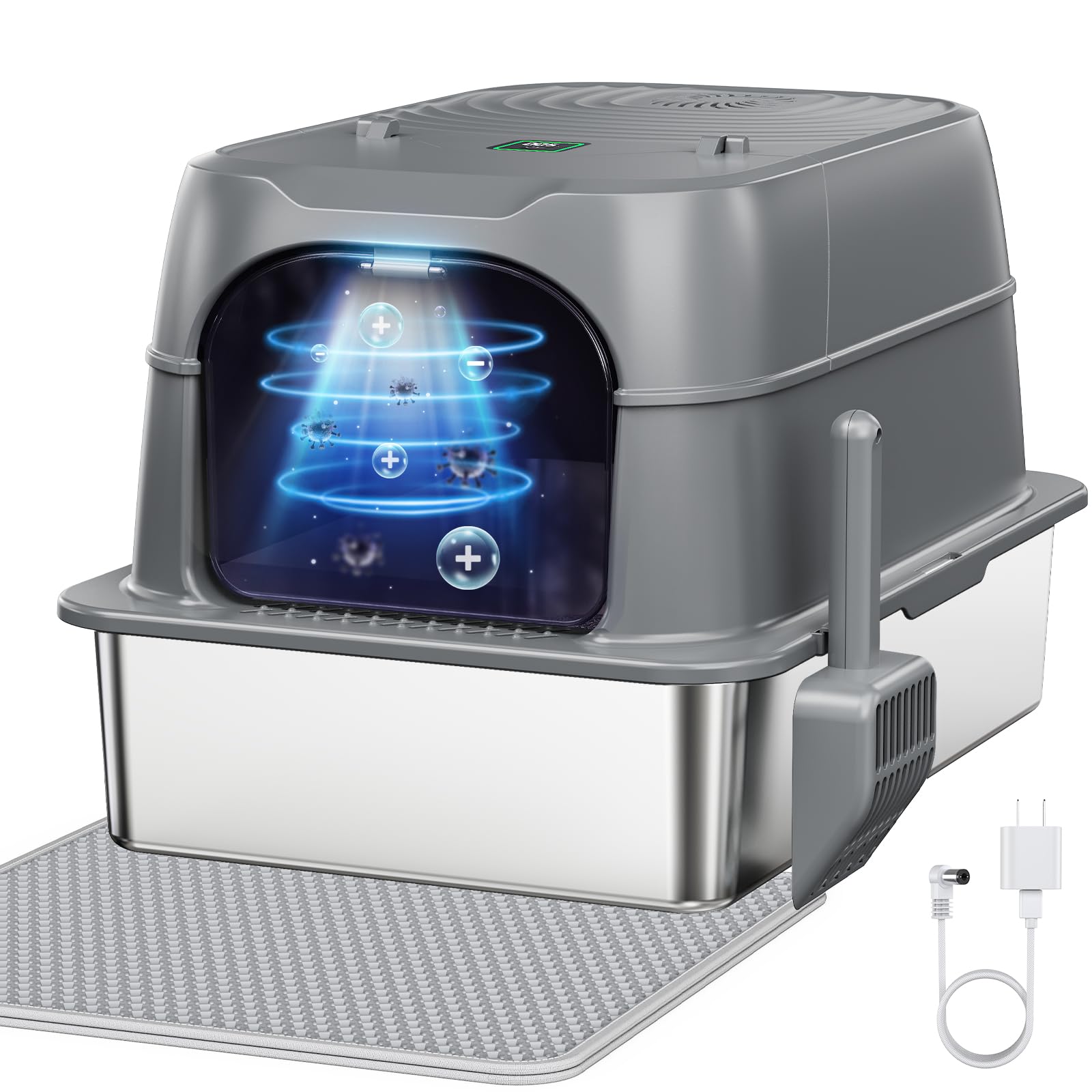 Smart Odor Control XXL Stainless Steel Enclosed Cat Litter Box for Big Cats, Plasma Sterilization Deodorizer with Infrared Auto 