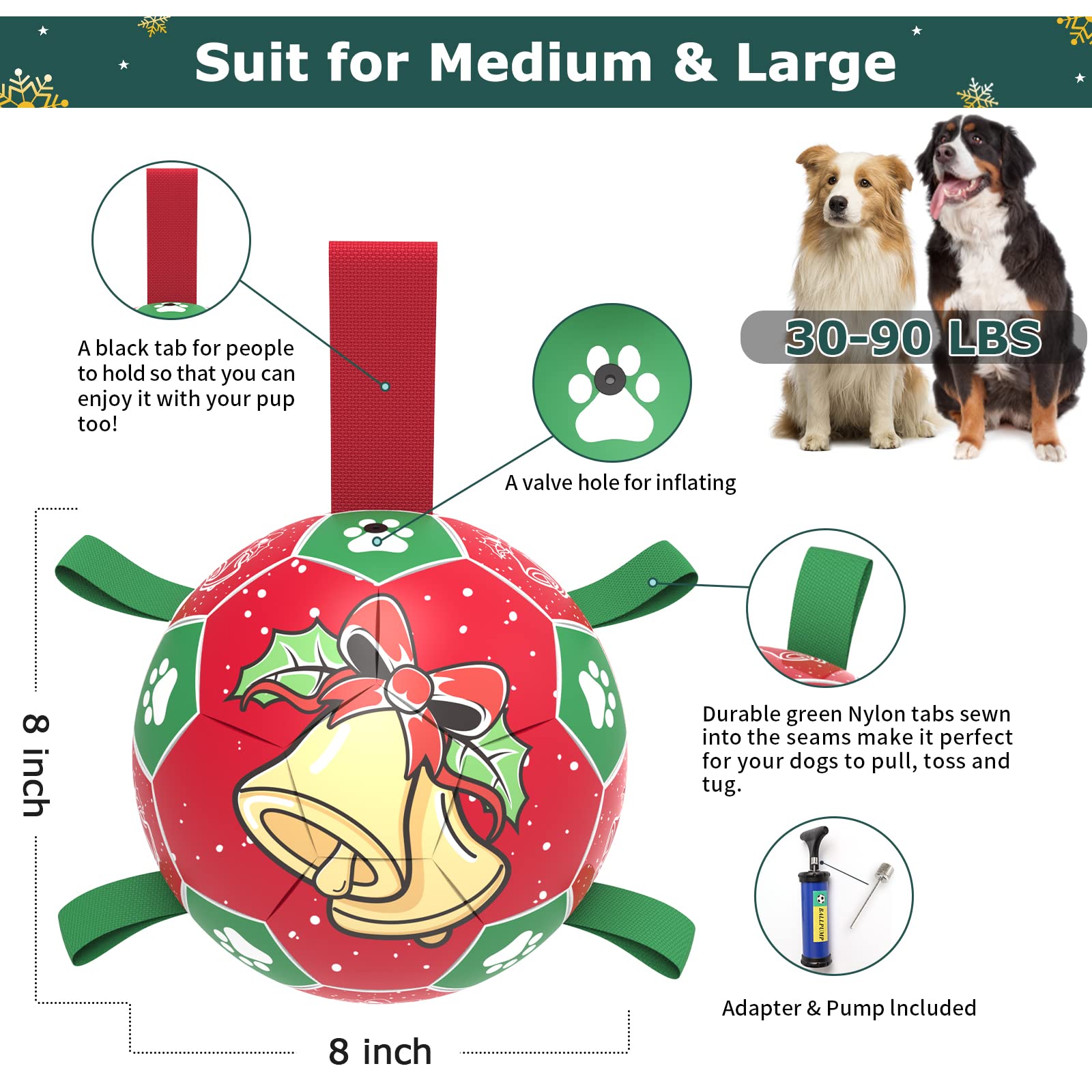 QDAN Christmas Dog Soccer Balls with Straps, Interactive Dog Toys for Tug of War, Puppy Birthday Gifts, Dog Tug Toy, Dog Water T