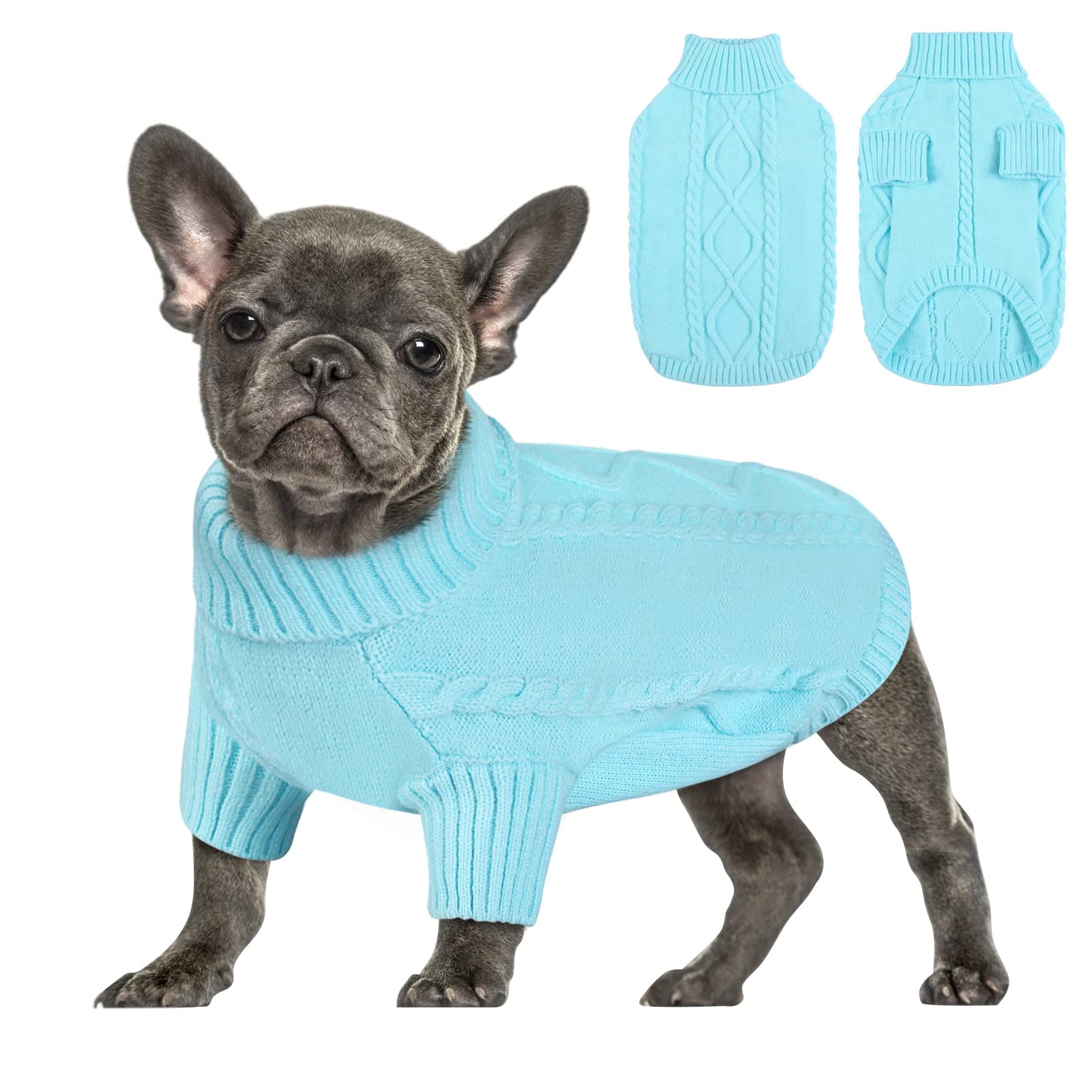 Queenmore Small Dog Pullover Sweater, Cold Weather Cable Knitwear, Classic Turtleneck Thick Warm Clothes For Chihuahua, Bulldog,