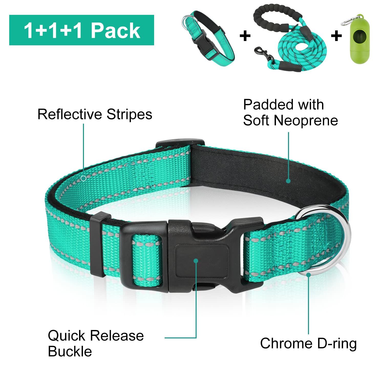 Dynmeow Reflective Dog Collar and Leash Set, 6FT Strong Climbing Rope Leash with Padded Handle, Adjustable Pet Collar with Soft