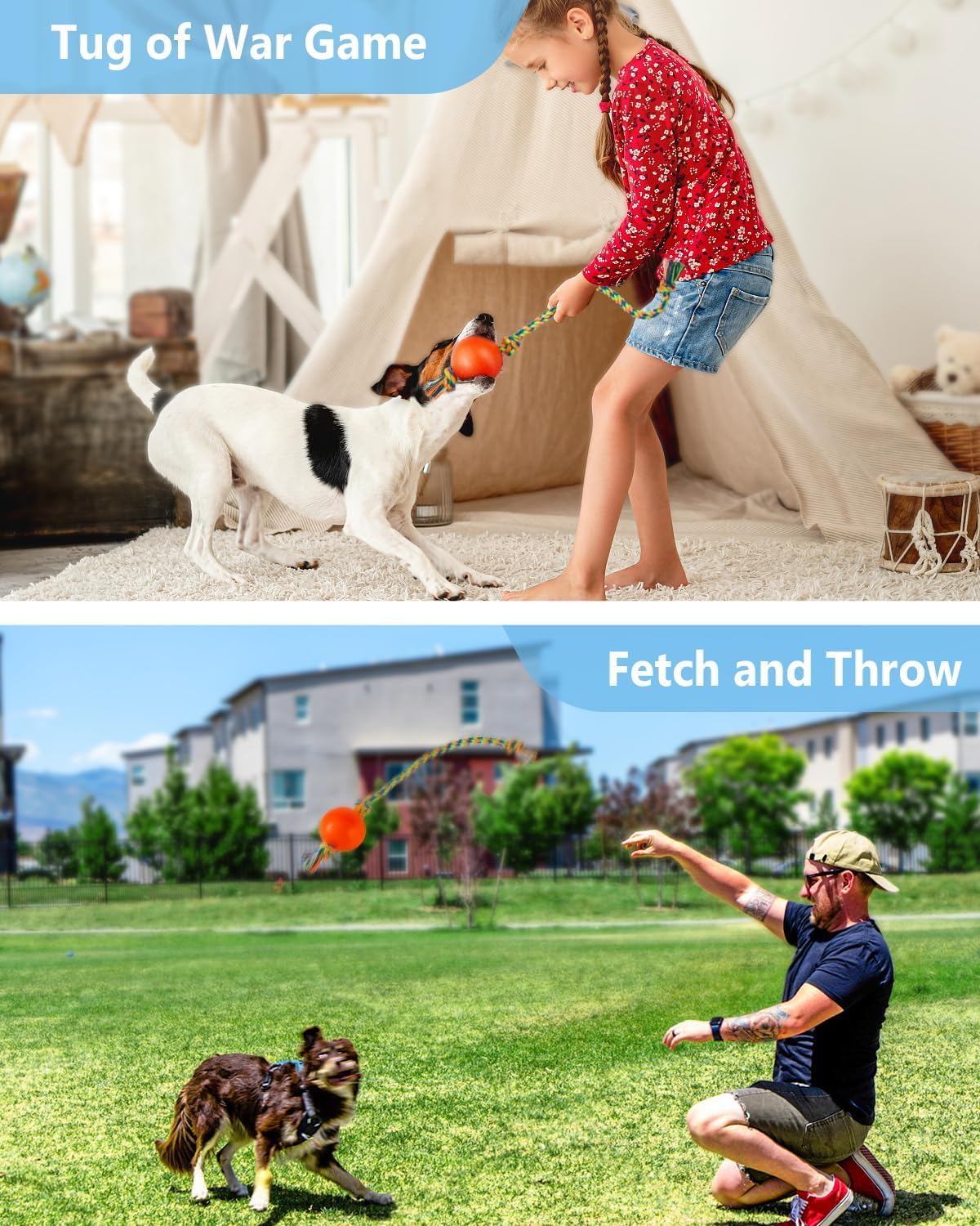 Health & Outdoors Rope Chew Toy, 2 Pack, Dog Chew Toy, Tough Rope With Ball Active Play (Colors May Vary)