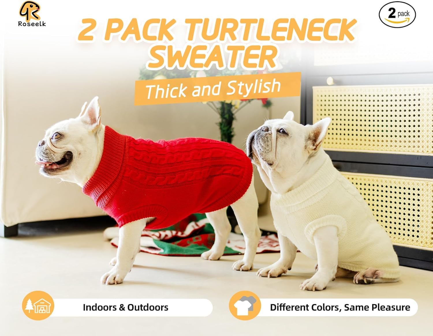 Roseelk 2 Pack Dog Sweaters For Small Dogs - Puppy Medium/Large Warm Clothes In Winter, Turtleneck Pullover Design For Boy Girl Pet, Doggie, Cat, Kitten Chihuahua Bulldog Pug Beagles (3Xl, Red, Beige)
