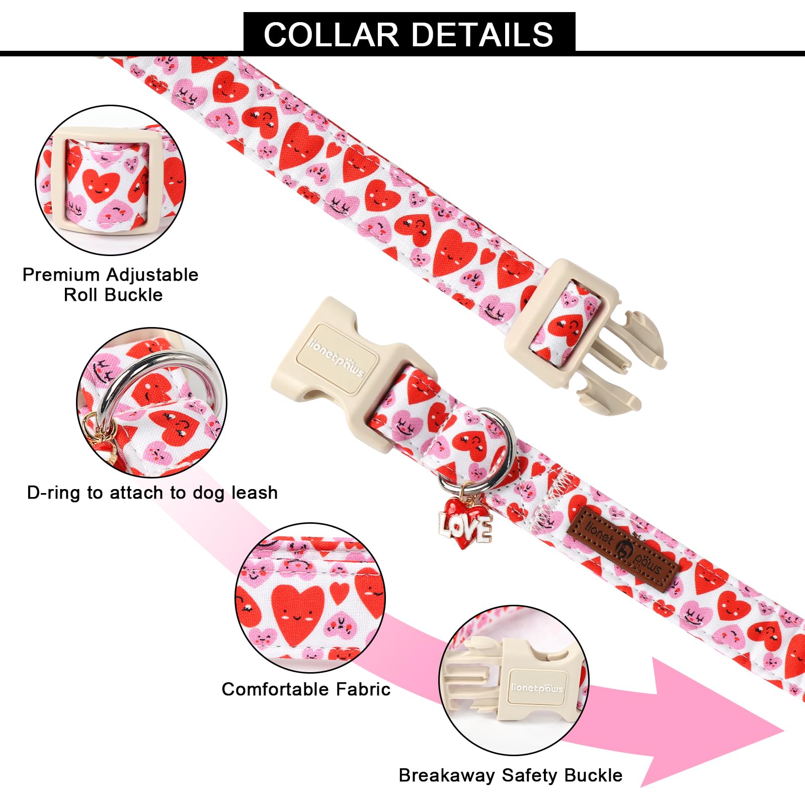 Lionet Paws Valentine'S Dog Collar- Cute Pink Wink Heart Dog Collars With Plastic Buckle, Light Adjustable Dog Collars For Mediu