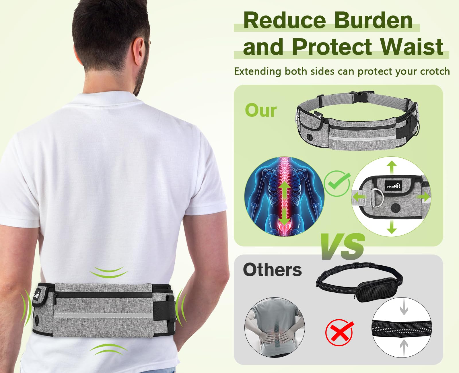 Pecute Hands Free 2 Dogs Waist Belt Fanny Pack With Soft Padded, Dual Dog Leash With Pouch, 3 Padded Handles, Durable Bungee, Do