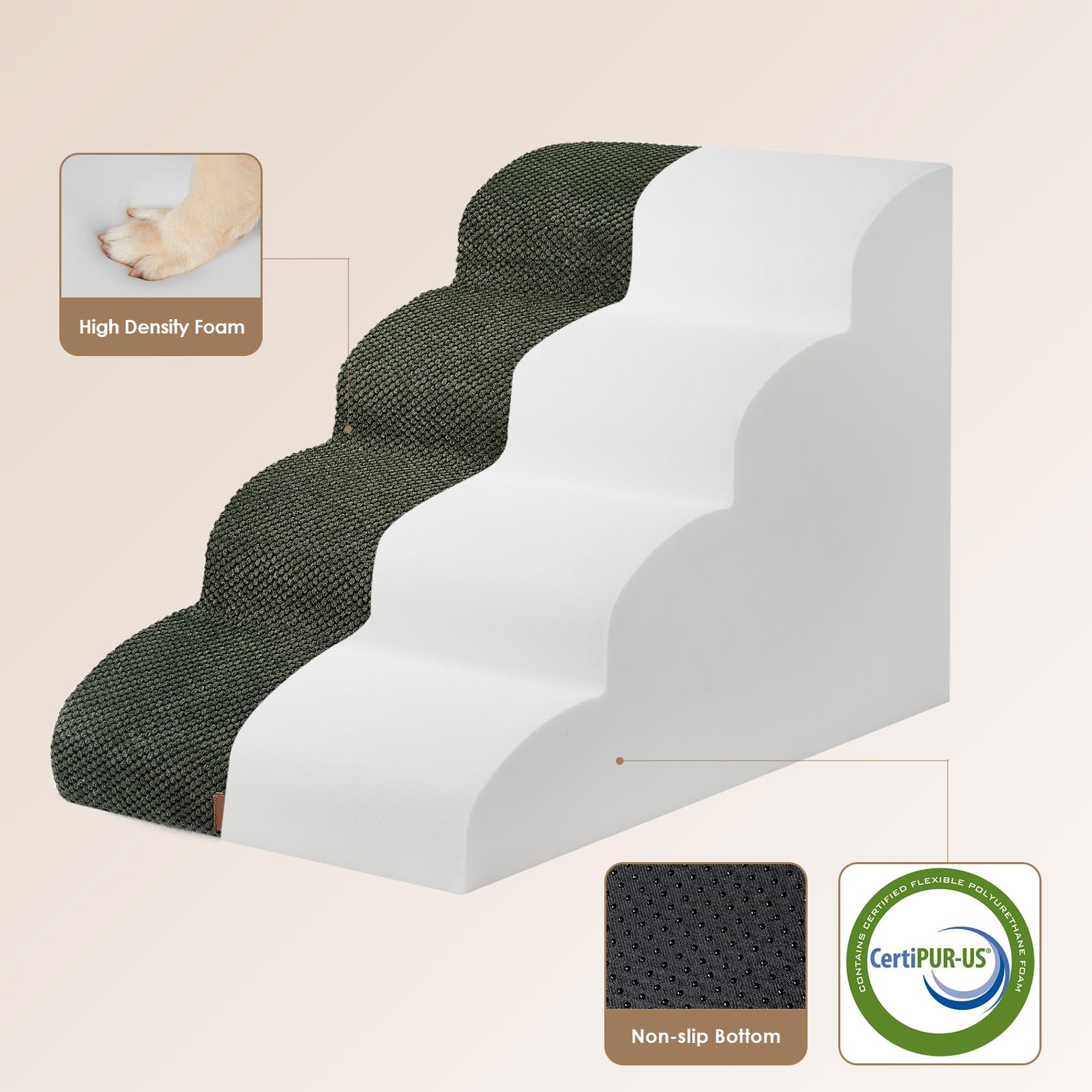 Eheyciga Curved Dog Stairs Ramp For High Beds 19.7' H, 4-Step Dog Steps For Small Dogs And Cats, Pet Stairs For High Bed Climbing, Non-Slip Balanced Pet Step Indoor, Olive Green