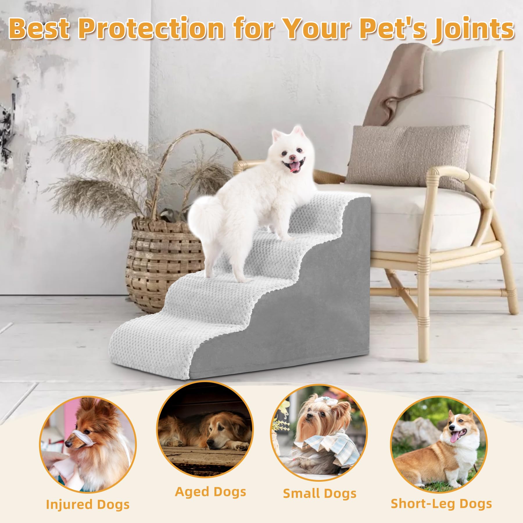 MIHIKK Dog Stairs Ramp - Curved 4-Step Pet Steps for Small Dogs & Cats, Grey, Anti-Slip Washable Cover, Durable Foam