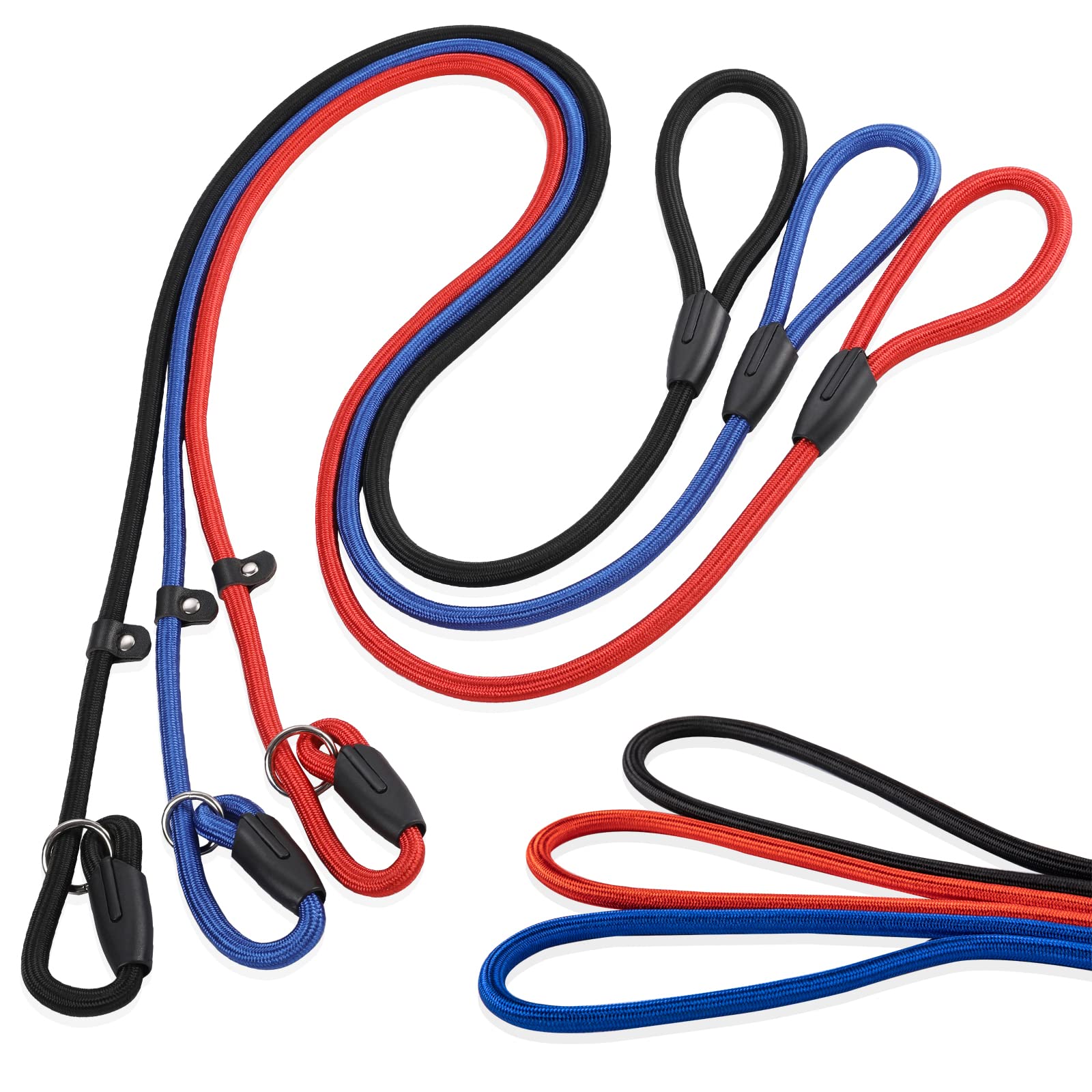 Fovrlzse 3-Pack Heavy-Duty Nylon Adjustable Slip Leads For Dogs - Red, Black, Blue - Adjustable, Durable & Night-Safe