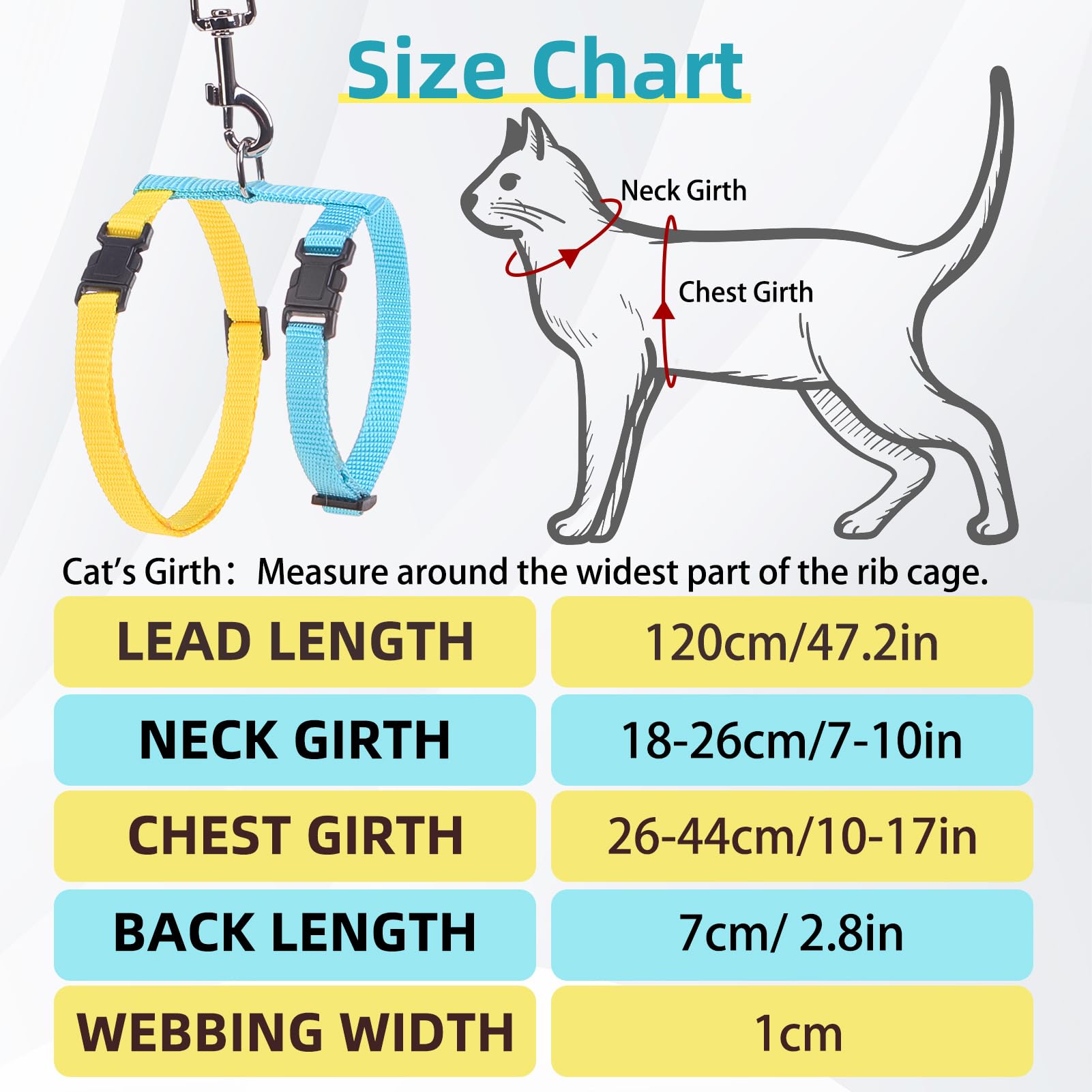 Pupteck Adjustable Cat Harness And Leash Set Escape Proof Kitten Strap Collar For Walking Travel, Blue Yellow