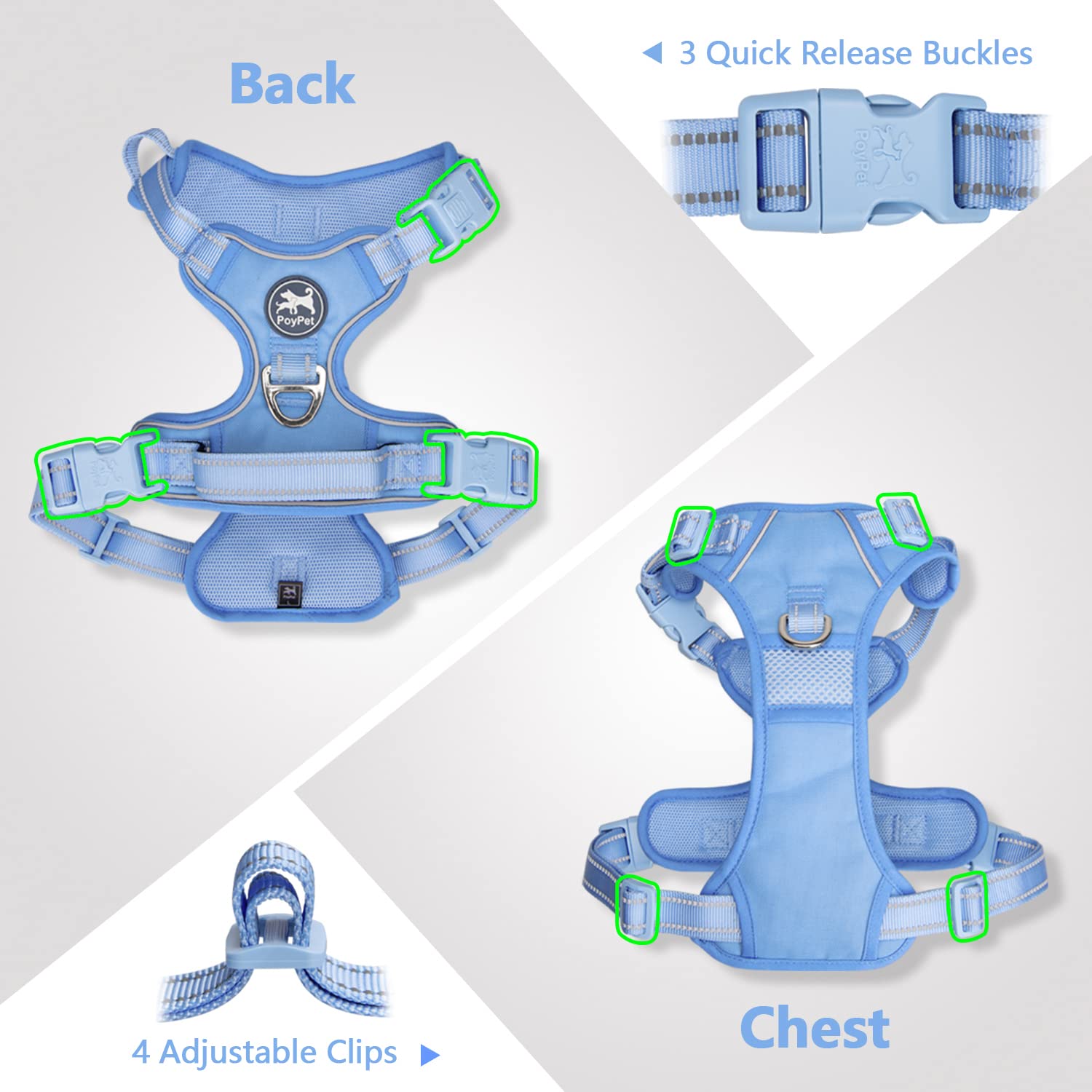 Poypet No Pull Dog Harness, No Choke Reflective Dog Vest, Adjustable Pet Harnesses With Easy Control Padded Handle For Small Medium Large Dogs(Light Blue Matching Trim,L)