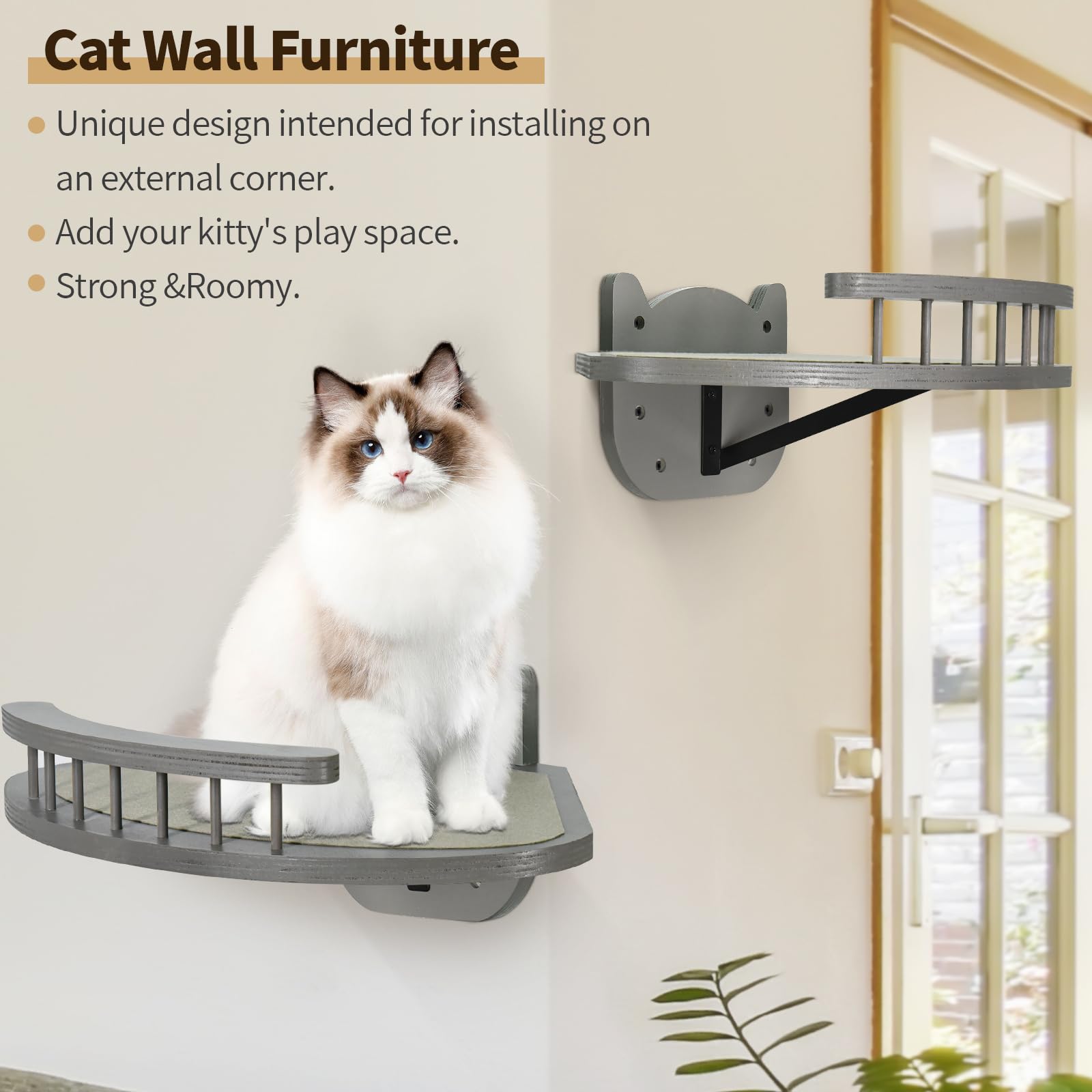 Y&Me Ym Cat Wall Shelves, Cat Shelves And Perches For Wall, Wood Cat Wall Furniture With 3 Cat Wall Steps Cat Scratch Post, Indo