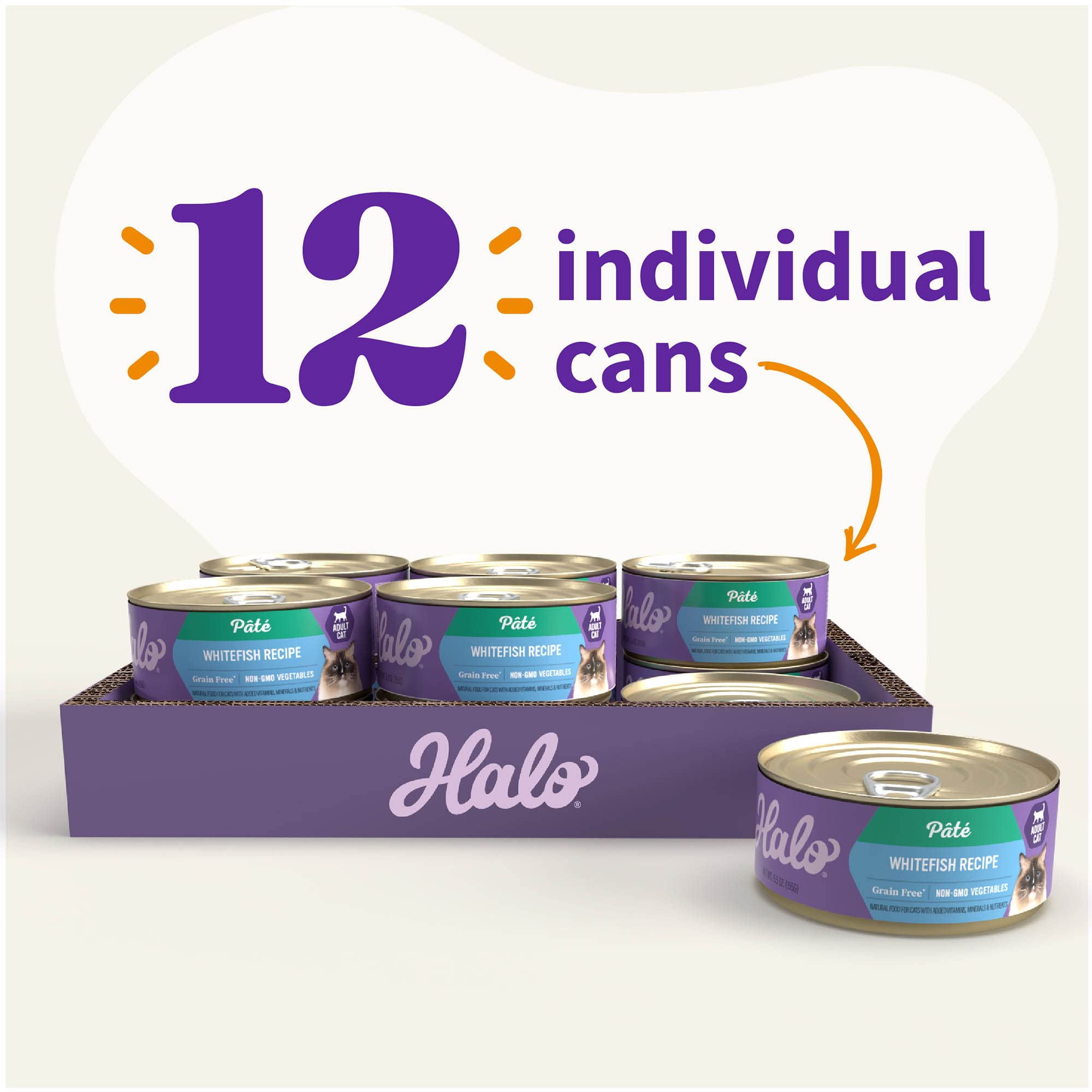 Halo Wet Cat Food Whitefish Recipe, Grain Free Wet Cat Pate, Canned Cat Food for Extra Hydration, 5.5 Oz Can (Pack of 12)