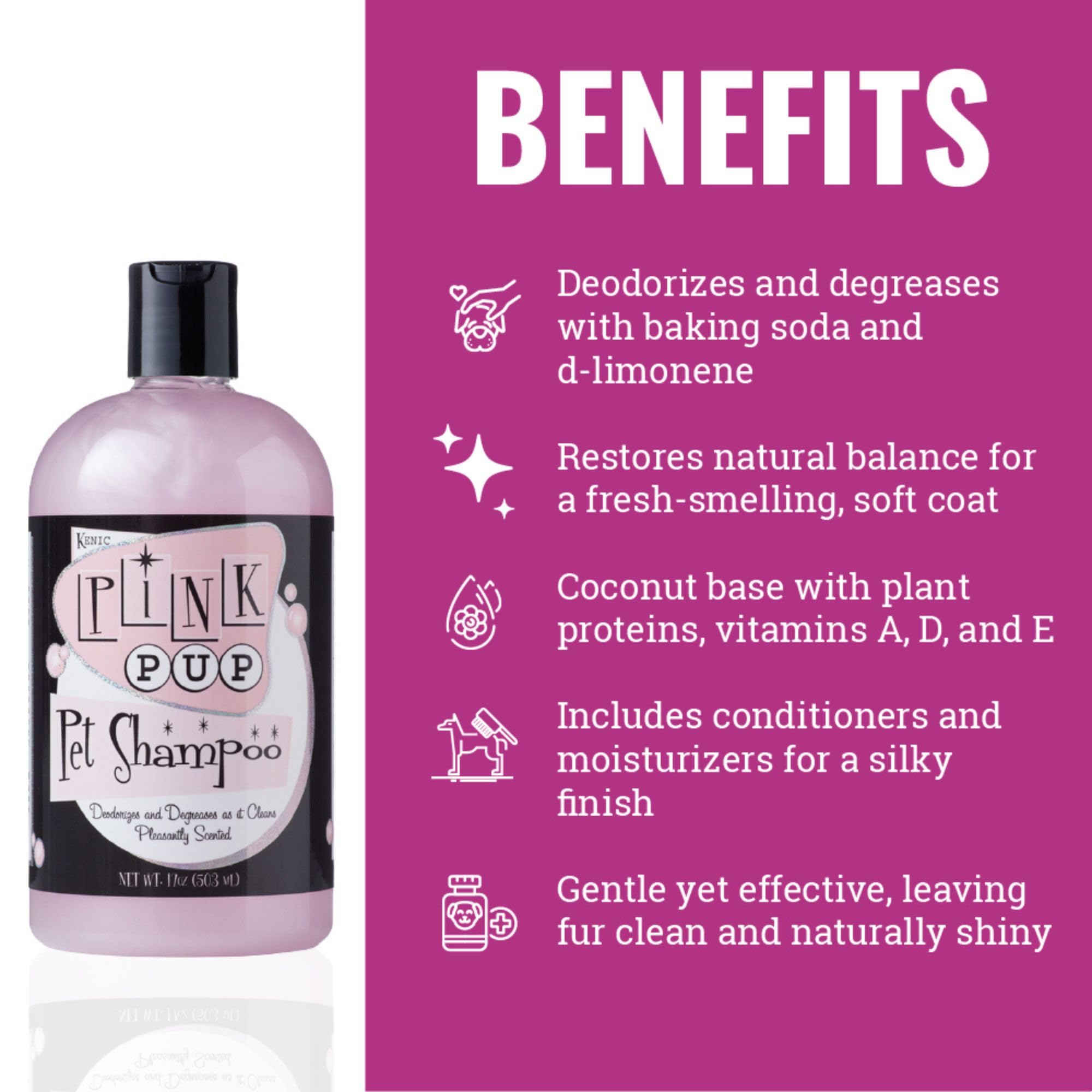 Kenic Pink Pup Odor Deodorizing Dog Shampoo - Sweet Watermelon Scent, Stain-Fighting Clean with Vitamins A, D & E, Detergent-Fre