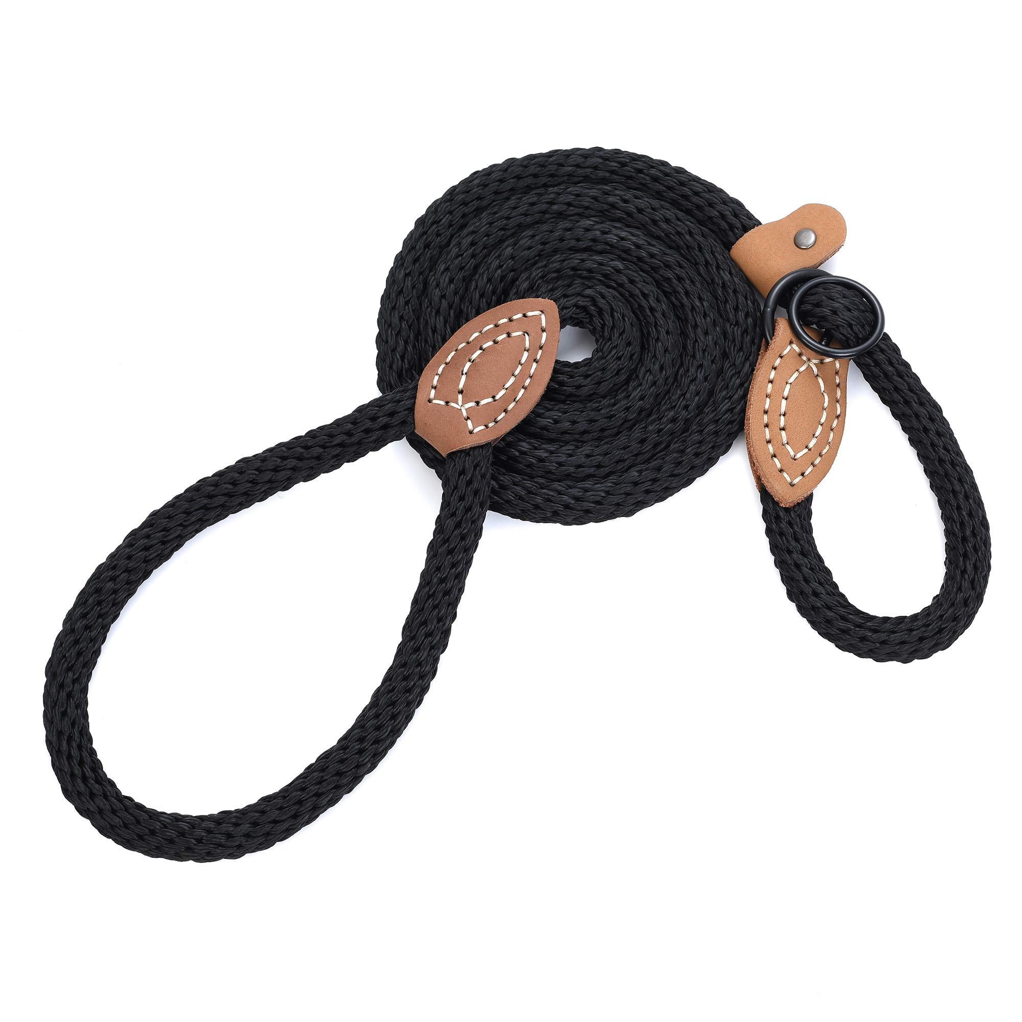 Mile High Life Slip Leads For Dogs | Heavy Duty Dog Training Leash | 5 Feet No Pull Slip Leashes W Leather Tip | Black Rope Lead For Dogs Outside