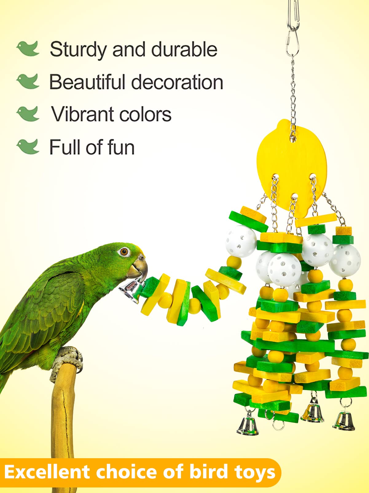 Mewtogo Parrot Toys, Safe Healthy Parrots Cage Chewing Toy With Colorful Wood Blocks Crisp Bells For Macaws African Grey And Ama