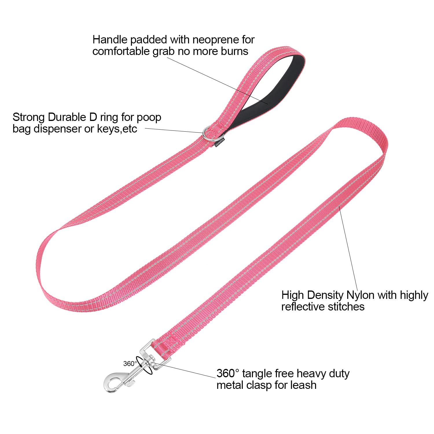 Usunyvora Reflective Nylon Dog Leash For Walking,Strong Dog Leash With Padded Handle For Medium And Large Dogs,6 Ft,Hot Pink