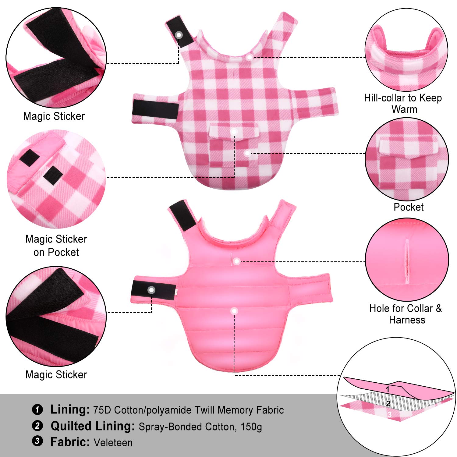 ASENKU Dog Winter Coat - Fleece Jacket, Plaid Reversible Dog Vest, Waterproof Windproof, Pink, S-XL