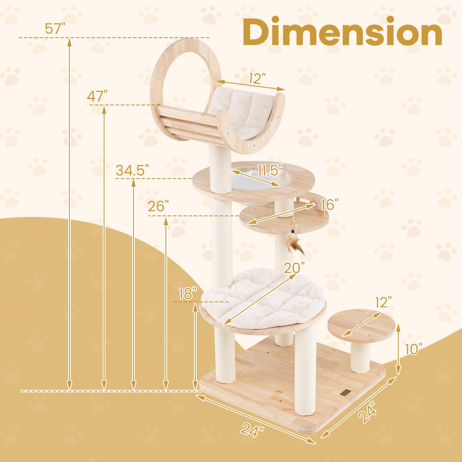 Petsite 57 Inches Tall Wooden Cat Tree, Multi-Level Cat Tower With Scratching Posts, Space Capsule Bed, Padded Platform And Hang