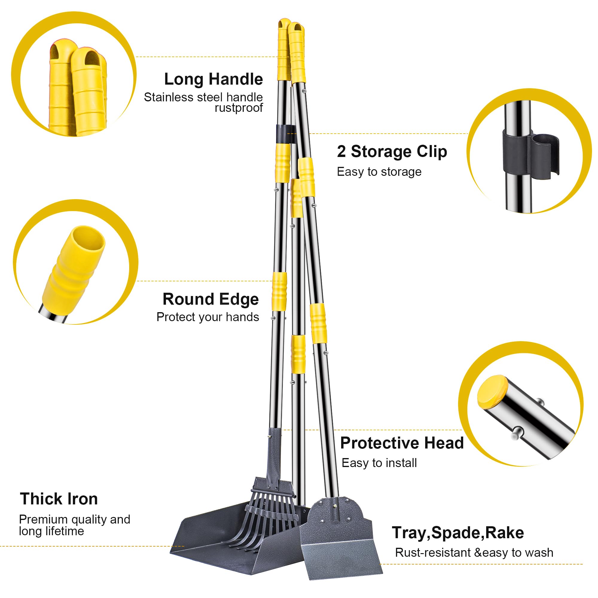 Niubya Pooper Scooper For Dogs, Metal Poop Scooper Tray Spade And Rake Set, Poop Scoop With Adjustable Long Handle, Dog Pooper S