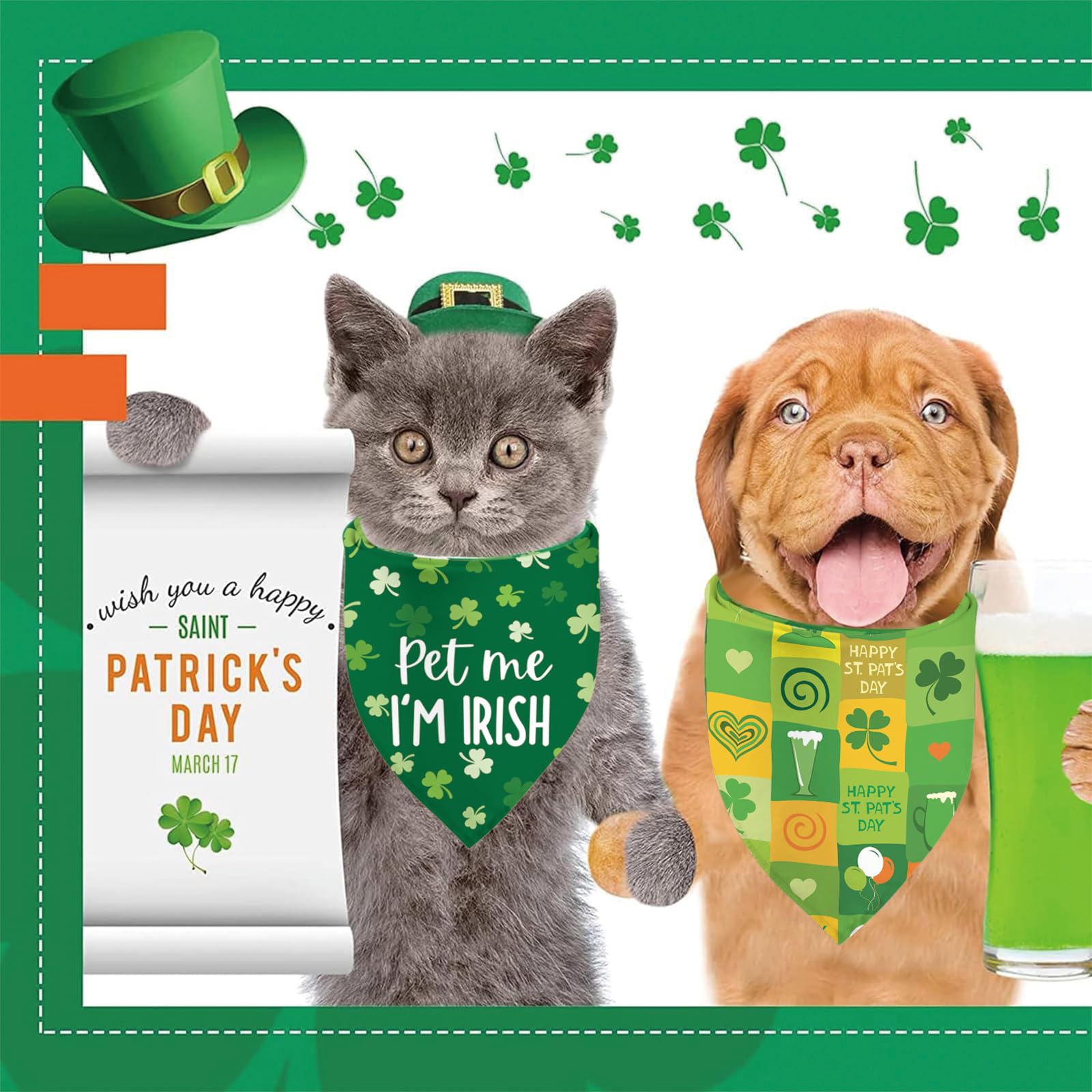 St Patricks Day Dog Bandanas - Lucky Shamrock Puppy Scarf - 2 Pcs Adjustable Triangle Double Layer Reversible Pet Bandanas For S