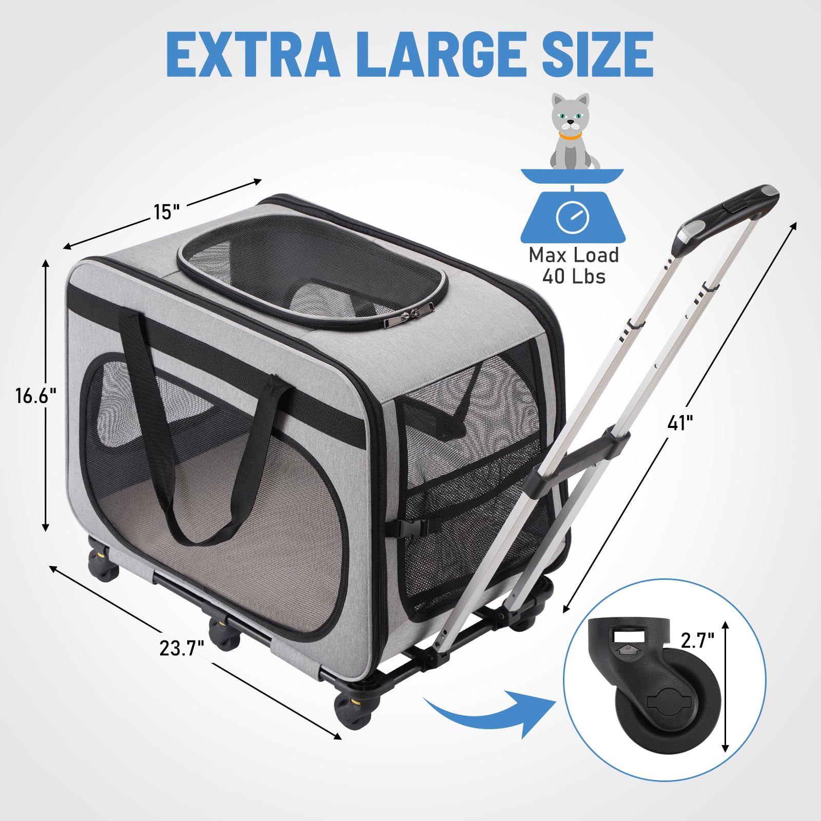 Hovono Extra Large Pet Carrier With Wheels For Small Dogs And All-Breed Cats, Cat Rolling Carrier For Up To 4 Cats, Support Up T