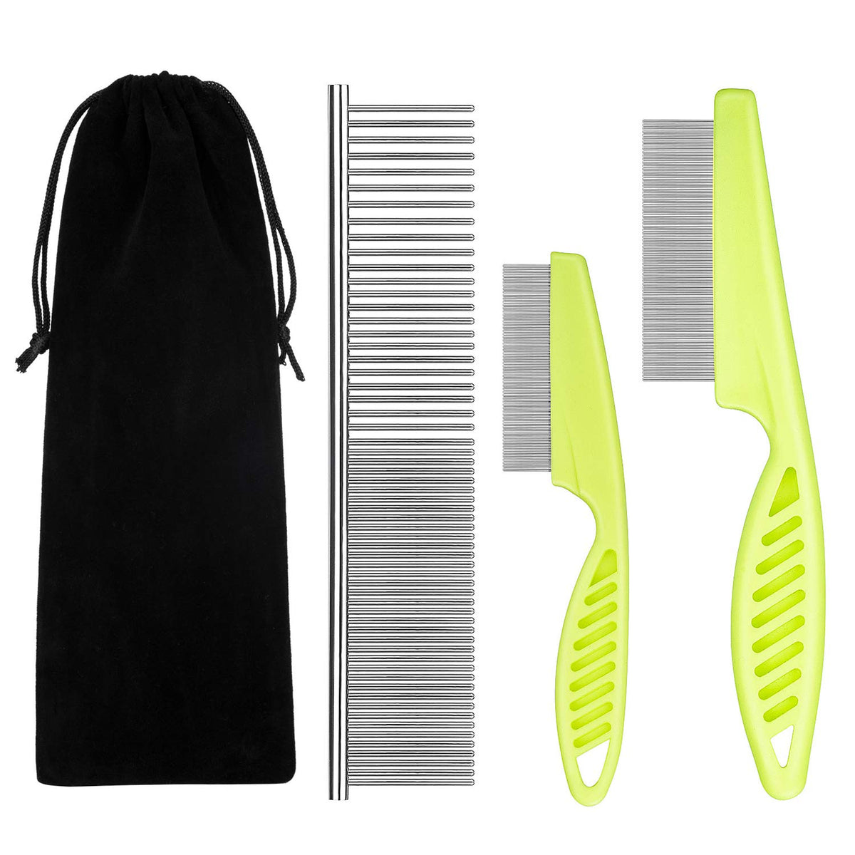 Benseao Flea Comb For Cats Dog Comb Lice Comb Metal Teeth Durable Tear Stain Dog Combs Remove Float Hair Combing Tangled Hair Dandruff Pet Comb Grooming Set 3 Pieces Add Storage Pouch (Green)