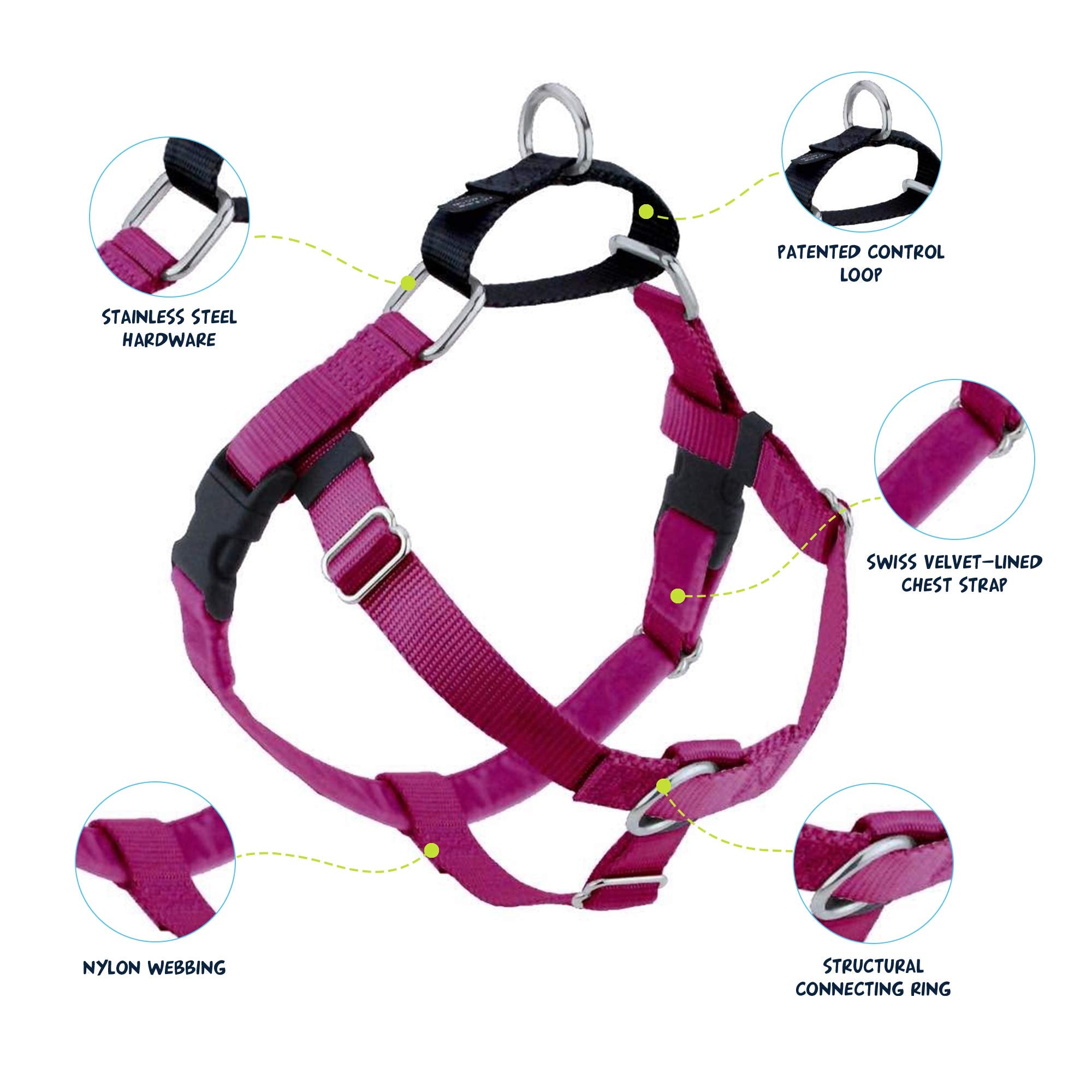 2 Hounds Design Freedom No Pull Dog Harness, Adjustable Harness, Easy Walking & Comfortable Control, Fits Small, Medium & Large Dogs, Solid Colors, Made In Usa, 1' Md, Raspberry