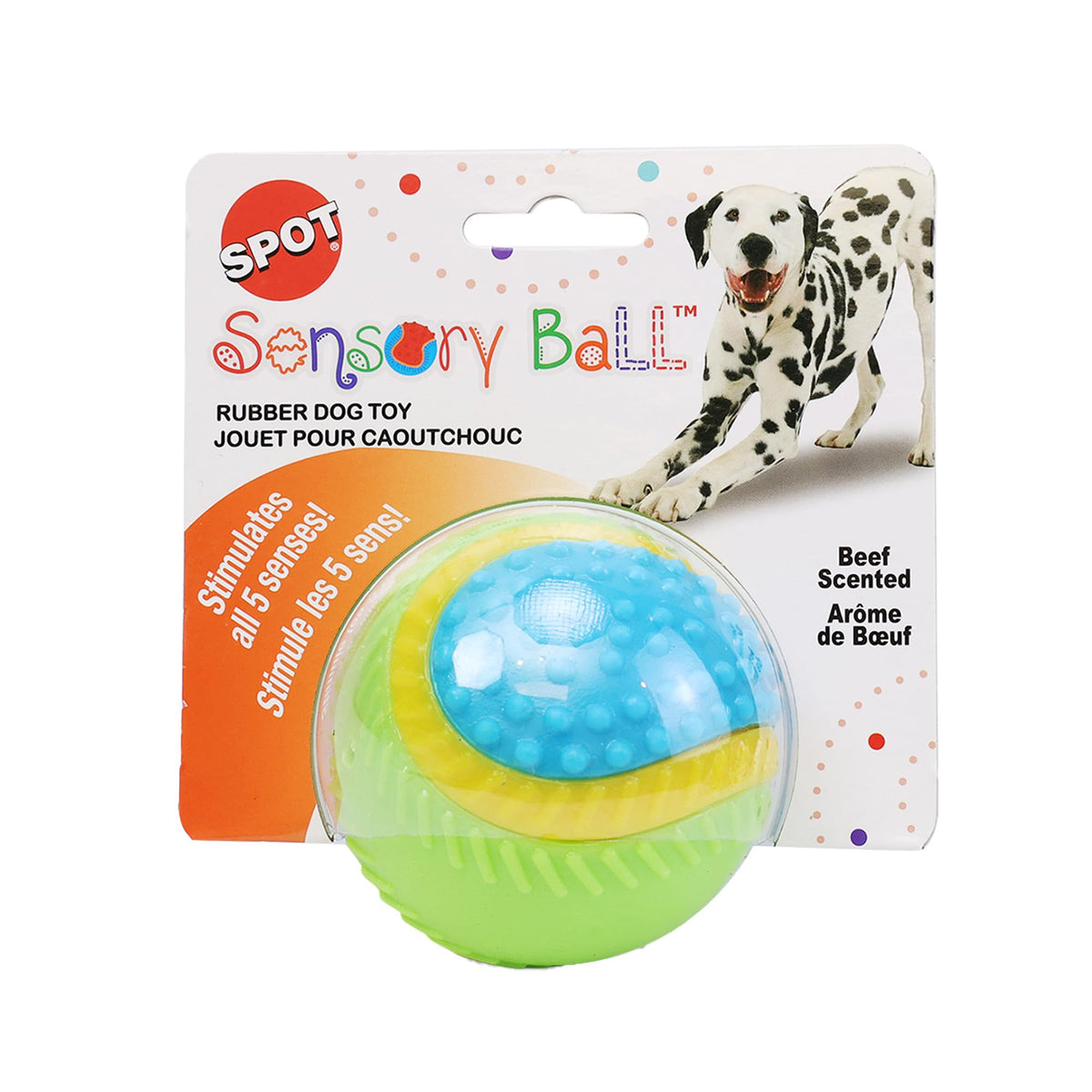 Spot Sensory Ball For Soft Chewers - Stimulates All 5 Senses, Bell & Squeaker Sounds, Raised Nubs Clean Teeth, High Contrast Fetch Toy, Beef Scented, Durable Tpr Rubber Ball, 3.25-Inch