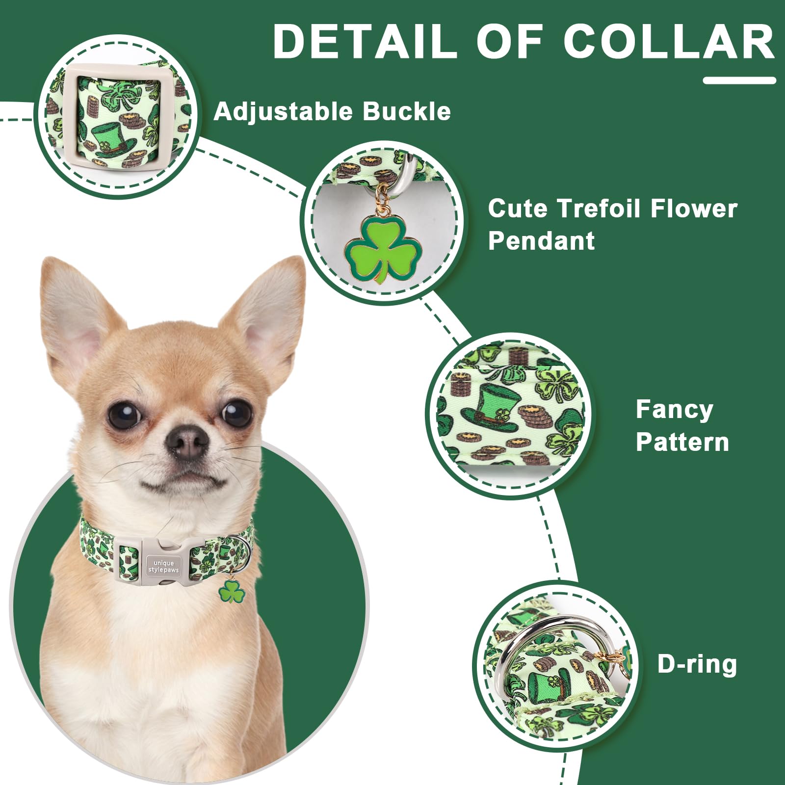 St. Patrick'S Unique Style Paws Green Trefoil Dog Collar - Shamrock Pet Collar, Adjustable Cotton With Quick Release Plastic Buc