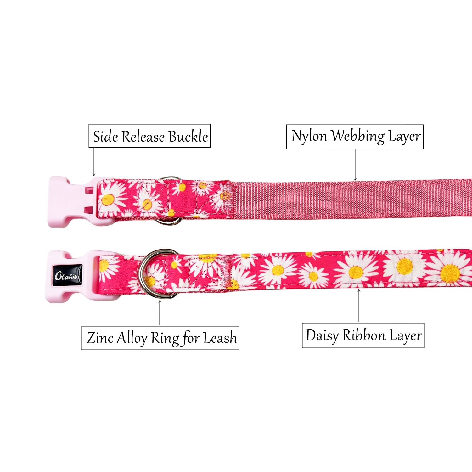 Olahibi Dog Collar, Floral Pattern, Nylon Webbing Plus Cotton Ribbon, For Large Dogs.(L, Pink Daisy)