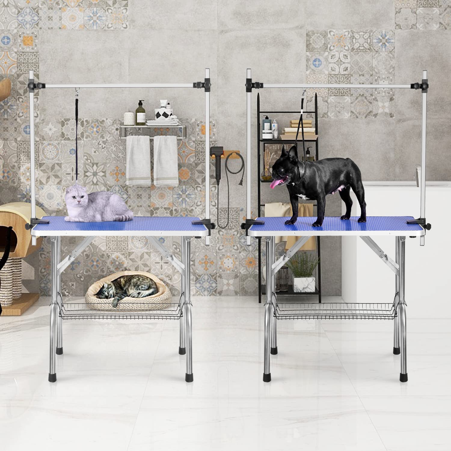 Soarflash Pet Dog Grooming Table Foldable,Heavy Duty Foldable Pet Grooming Table With Arm & Noose & Mesh Tray, Maximum Capacity Up To 330Lbs, 46Inch, Blue