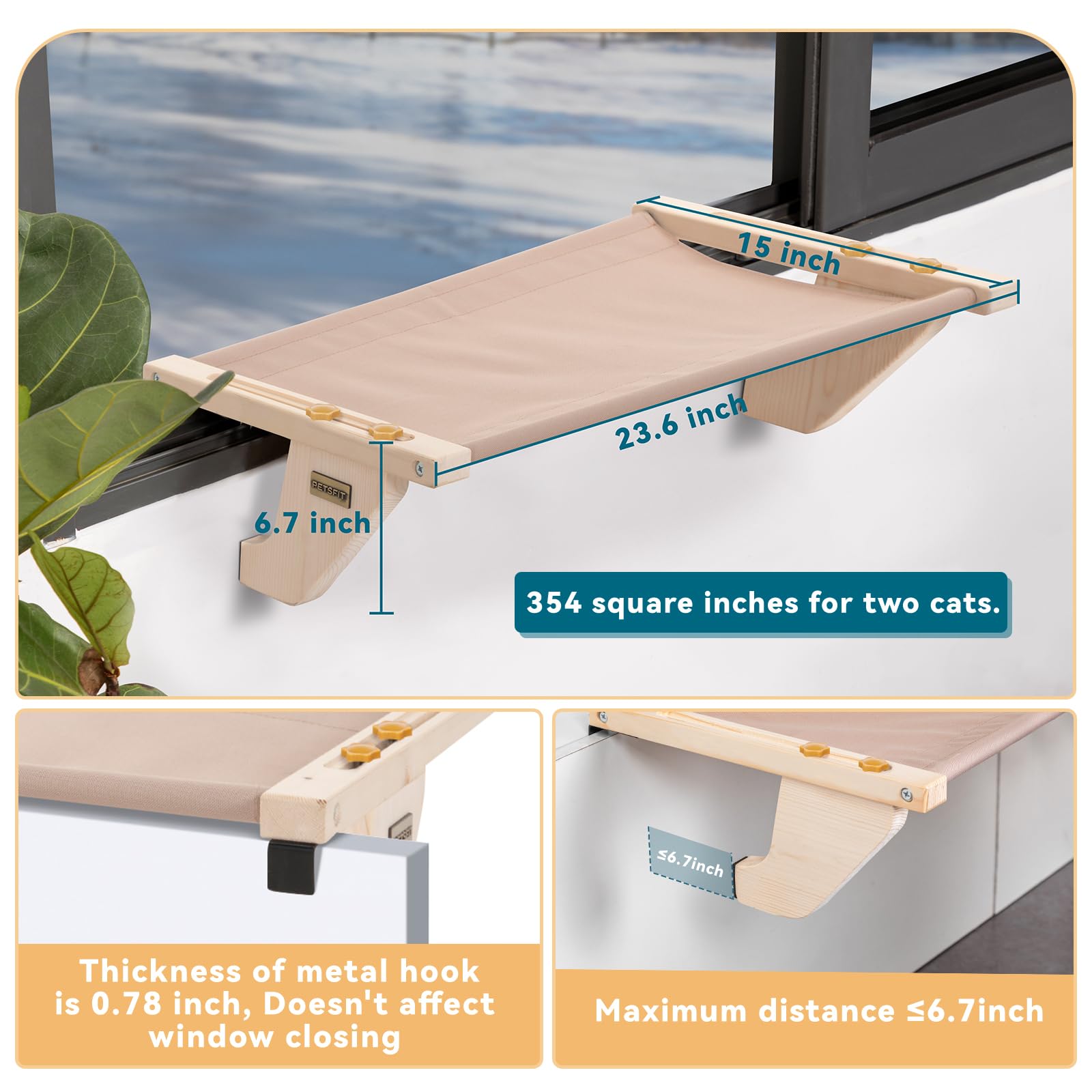 Petsfit Cat Window Perch, Hammock Window Seat With Solid Wood Support, Metal Frame & 2 Removable Pads, Easy To Adjust & Assemble